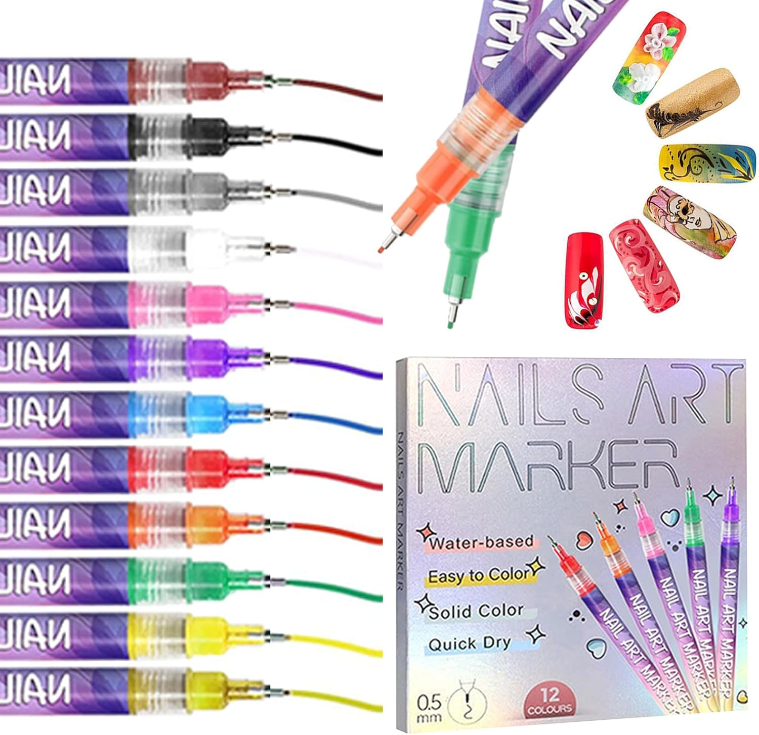 12 Colors Nail Art Pens Set, Nail Art Markers for Gel Nails 0.5Mm Waterproof Quick Dry 3D Acrylic Paint DIY Nail Art Doodle Pens for Home Nail Salon on the Go image number 3