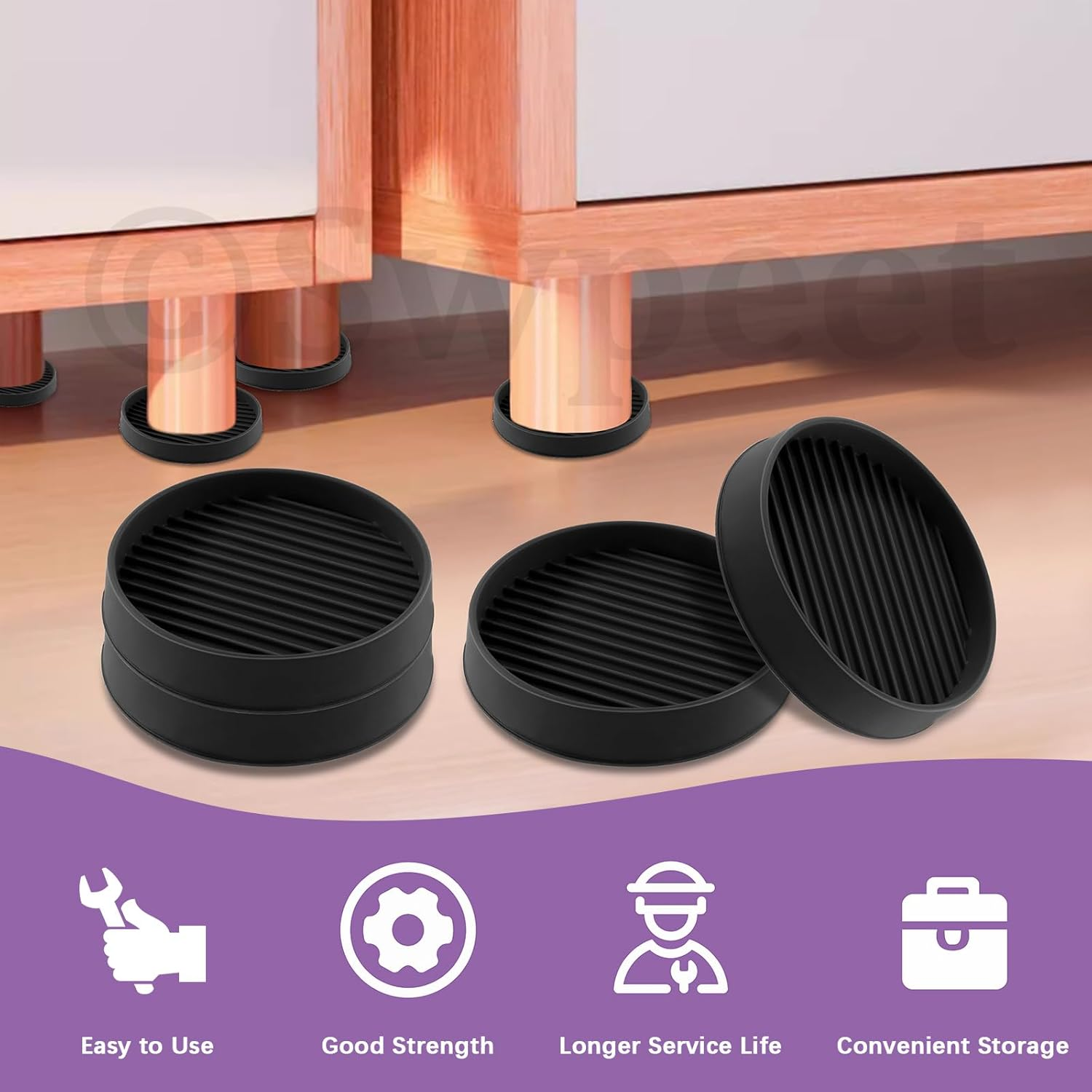 Swpeet 4Pcs 3" X 3" round Black Rubber anti Skid Caster Cups Non Slip Furniture Pads Kit, Anti-Slip Gripper, anti Skid Furniture Feet anti Slide Floor Stoppers for Bed Couch Table Chair Stoppers image number 3