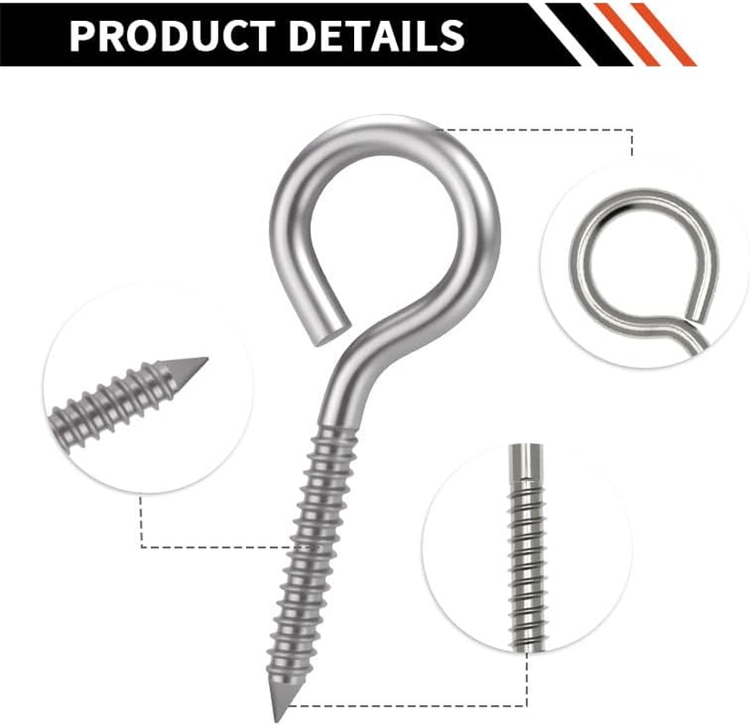 20Pcs 40Mm Galvanised Eye Screws Silver - Self-Drilling Wall Hooks for Hanging Plants/Bird Feeders/Curtains, Indoor & Outdoor Use image number 4