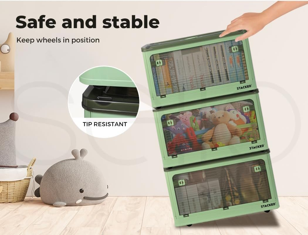 Stacked Storage Bins Stackable Plastic Container with Handle Lid Clothes Wardobe Organiser Toy Book Box Foldable 5 Side Open Wheel 55L Green image number 4