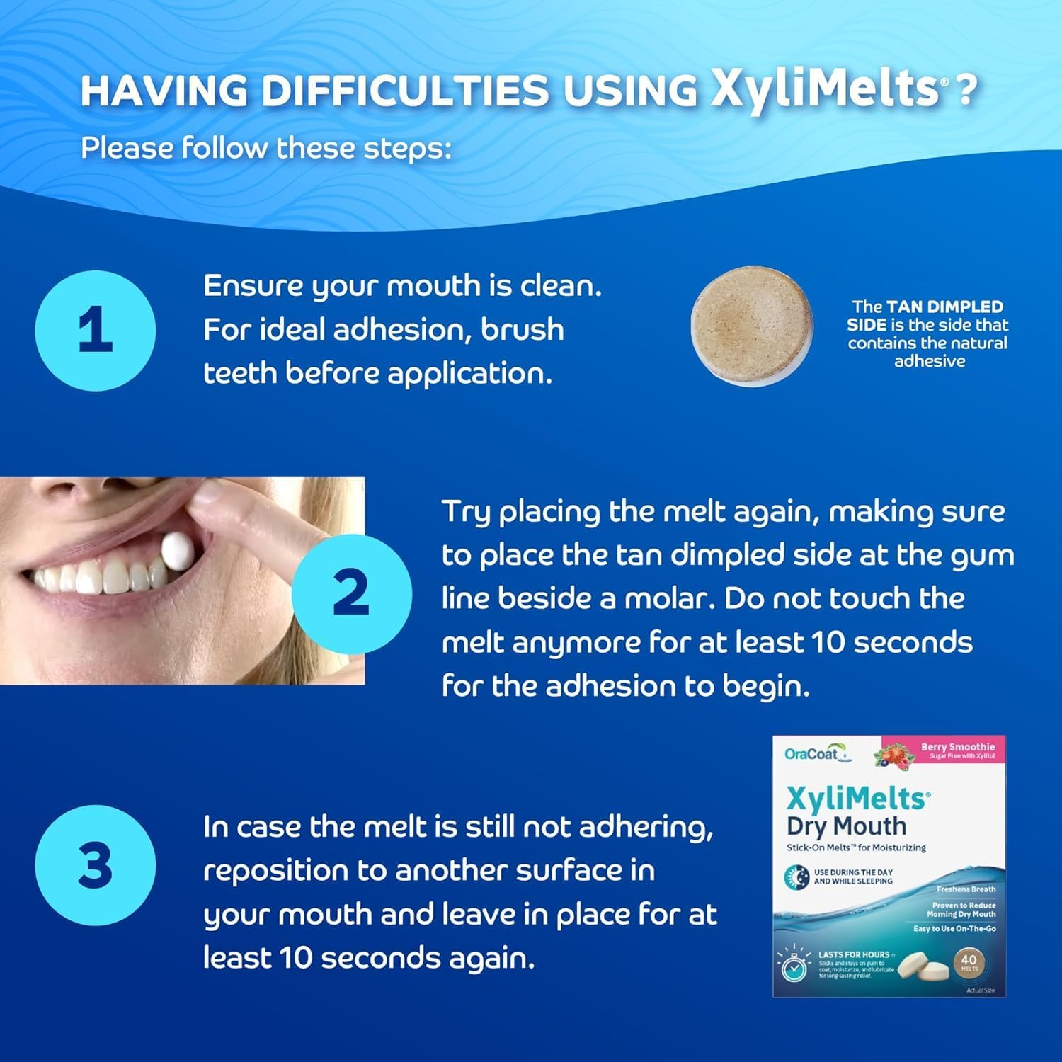 Oracoat Xylimelts Dry Mouth Relief Discs &ndash; 40 Pack &ndash; Berry Smoothie Flavour &ndash; Sugar-Free with Xylitol &ndash; 8-Hour Moisturising Relief &ndash; Day & Night Oral Discs &ndash; Non-Acidic, Time-Release Formula (120) image number 6