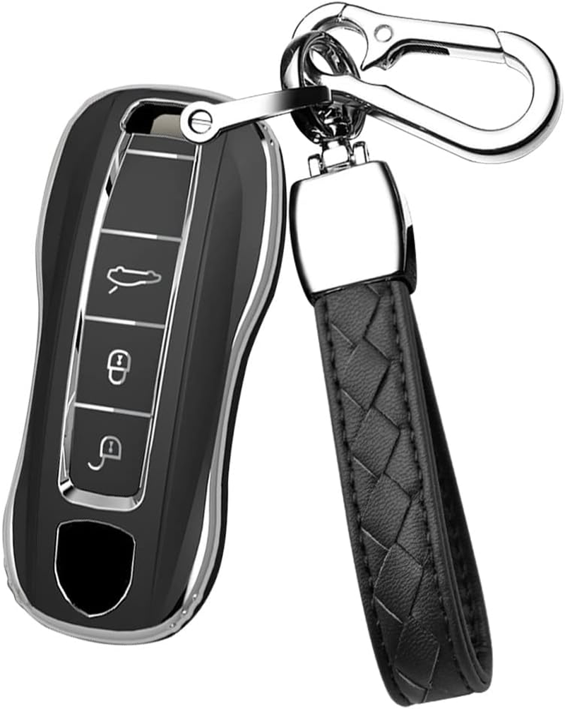 HIBEYO Key Fob Cover Compatible with Porsche Cayenne Macan Panamera Boxster 911 Carrera Tayca ABS Key Holder Accessories Smart Remote Auto Key with Keychains-Leather Key Chain(Black) image number 1