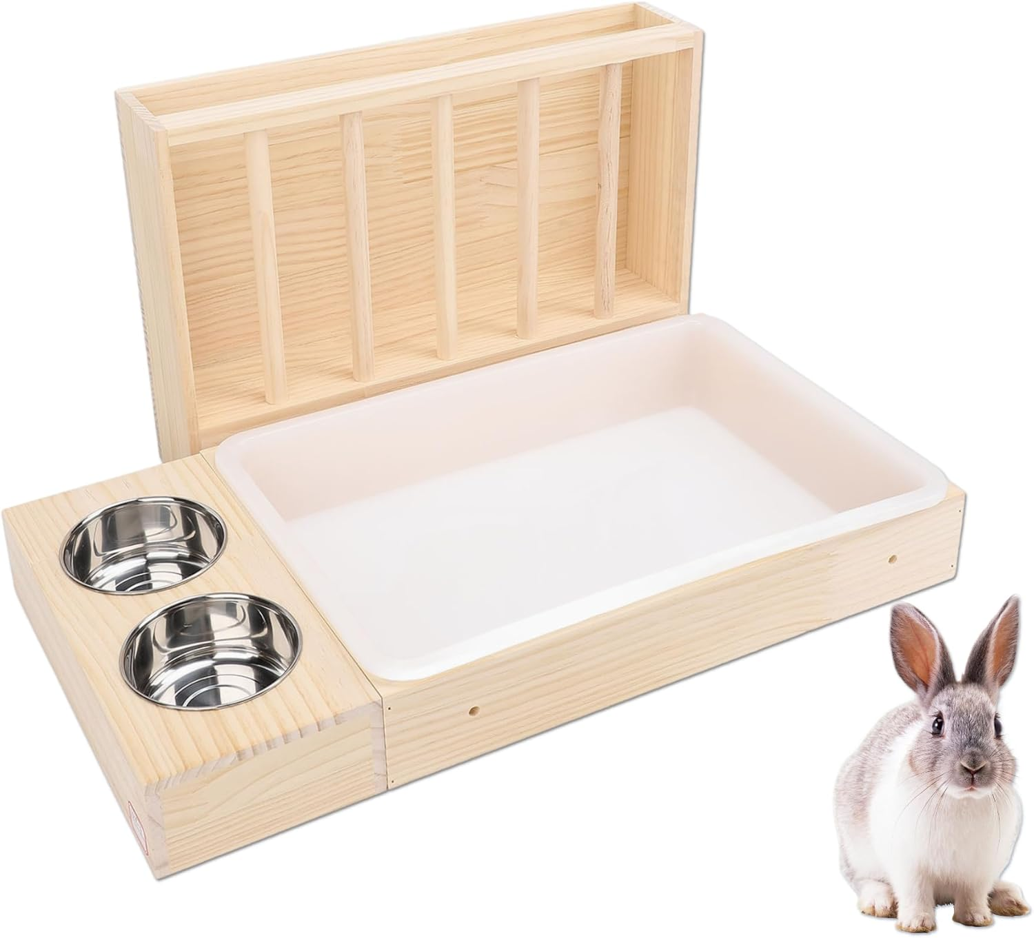 Rabbit Hay Feeder with Litter Box 2 Stainless Steel Bowls Mess Proof Wooden Bunny Feeding Manger for Chinchillas Hamster Small Anima image number 5