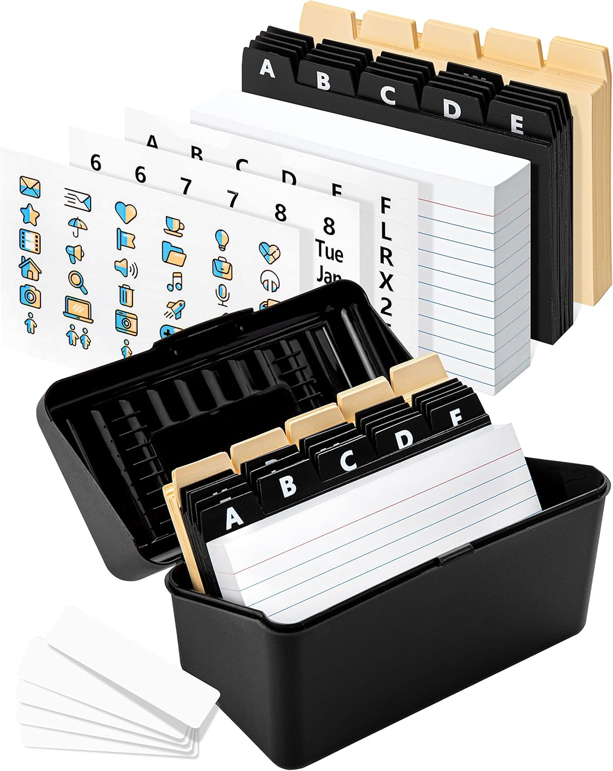 Index Card Holder 3X5 Set &ndash; Heavy-Duty Index Card Organizer Box with Dividers &ndash; 100 Ruled Index Cards 3X5, 25 Manila Dividers, 25 Plastic Dividers, 72 Easy-Read Stickers & 5 Box Labels image number 6