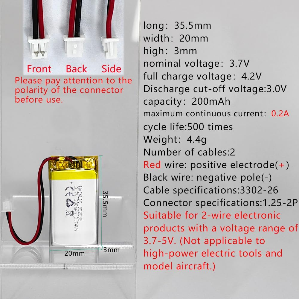 DC 3.7V 200Mah 302035 Rechargeable Lithium Polymer Battery, Suitable for DIY 3.7-5V Electronic Products with Built-In 2-Wire Battery Replacement and LED Lights image number 5