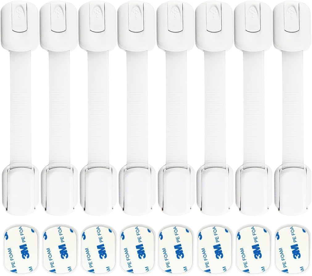 Vivva Child Safety Strap Locks 8 Pack Baby Locks for Cabinets and Drawers, Toilet, Fridge & More, 3M Adhesive Pads, Easy Installation, No Drilling Required (White)