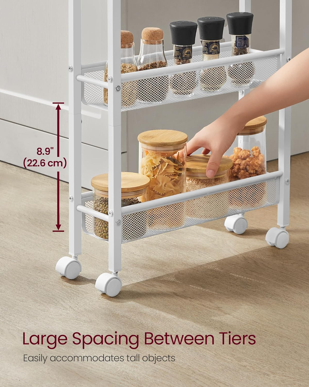 VASAGLE Slim Rolling Cart, 5-Tier Storage Cart, Narrow Cart with Handle, 5.1 Inches Deep, Metal Frame, for Kitchen, Dining Room, Living Room, Home Office, Oak Beige and White ULRC034W09 image number 1