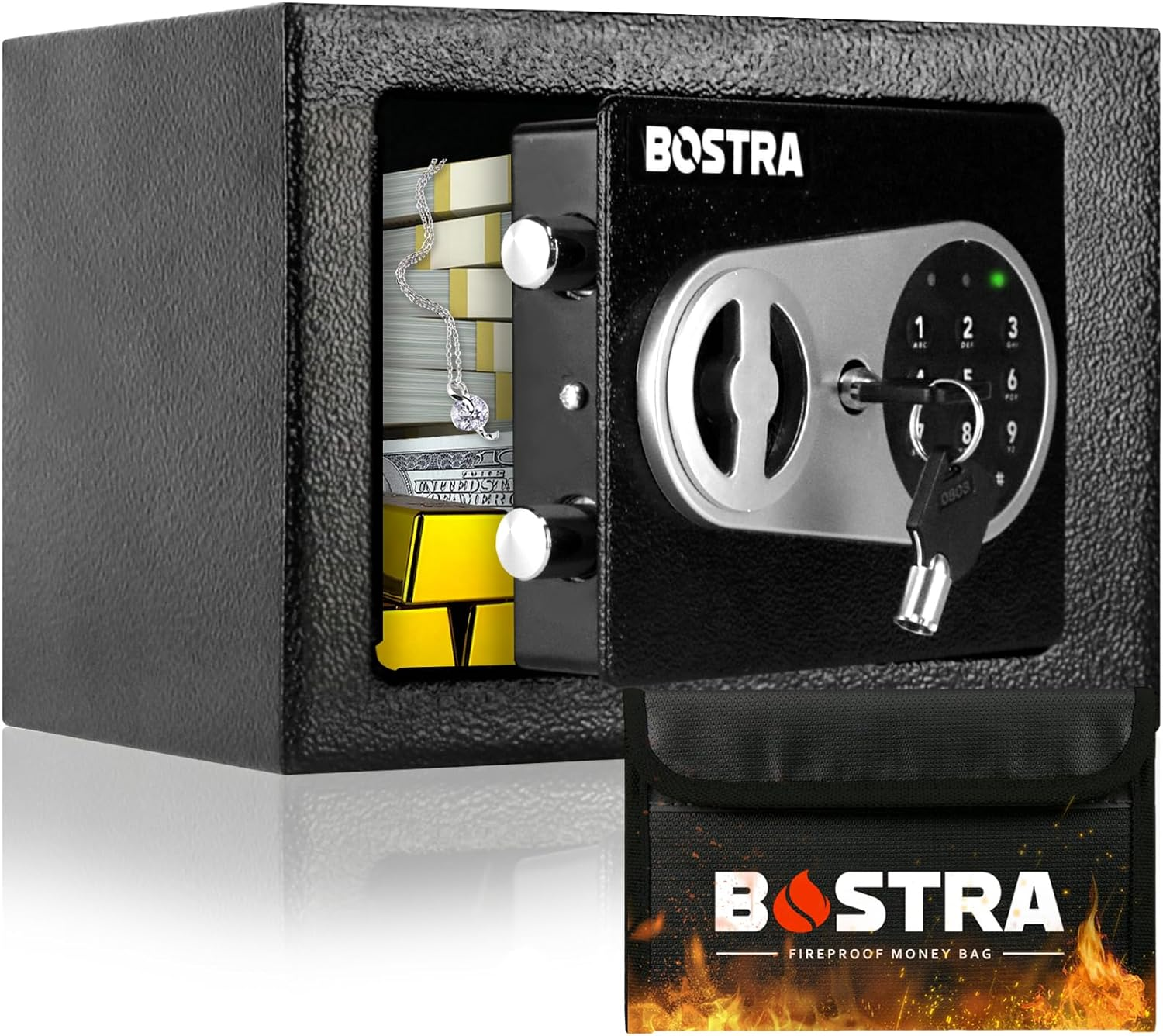 Bostra Fireproof Safe Box with Sensor Light & Fireproof Bag, Money Safe Box with Digital Keypad,Security Safe Box for Home, 0.23 Cubic Small Safe with Keys & Pass Code for Cash Jewelry Black