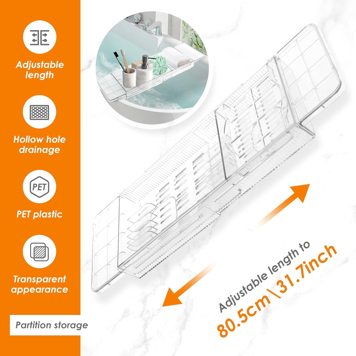 Expandable Bathtub Caddy Tray 56.5Cm to 80.5Cm Adjustable Length Clear Bathtub Tray Plastic Drain Bath Shelf Caddy Adjustable Plastic Bathtub Caddy Bathroom Tray Bathtub Accessories image number 4