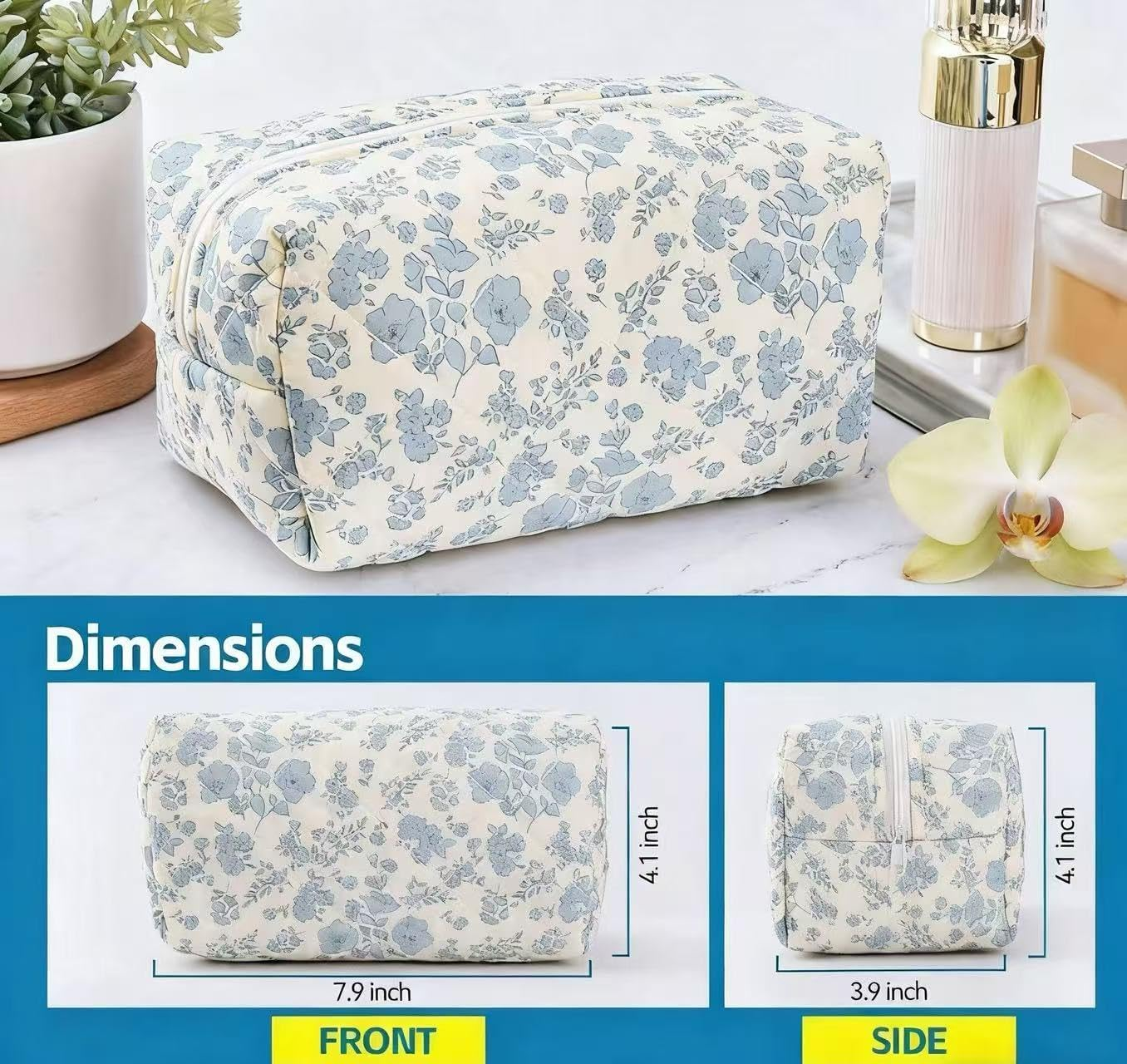 Floral Quilted Makeup Bag - Cosmetic and Skincare Product Pouch, Fashionable Travel Puffy Coquette Makeup Bag, Small Cute Attractive Blue - Blue image number 5