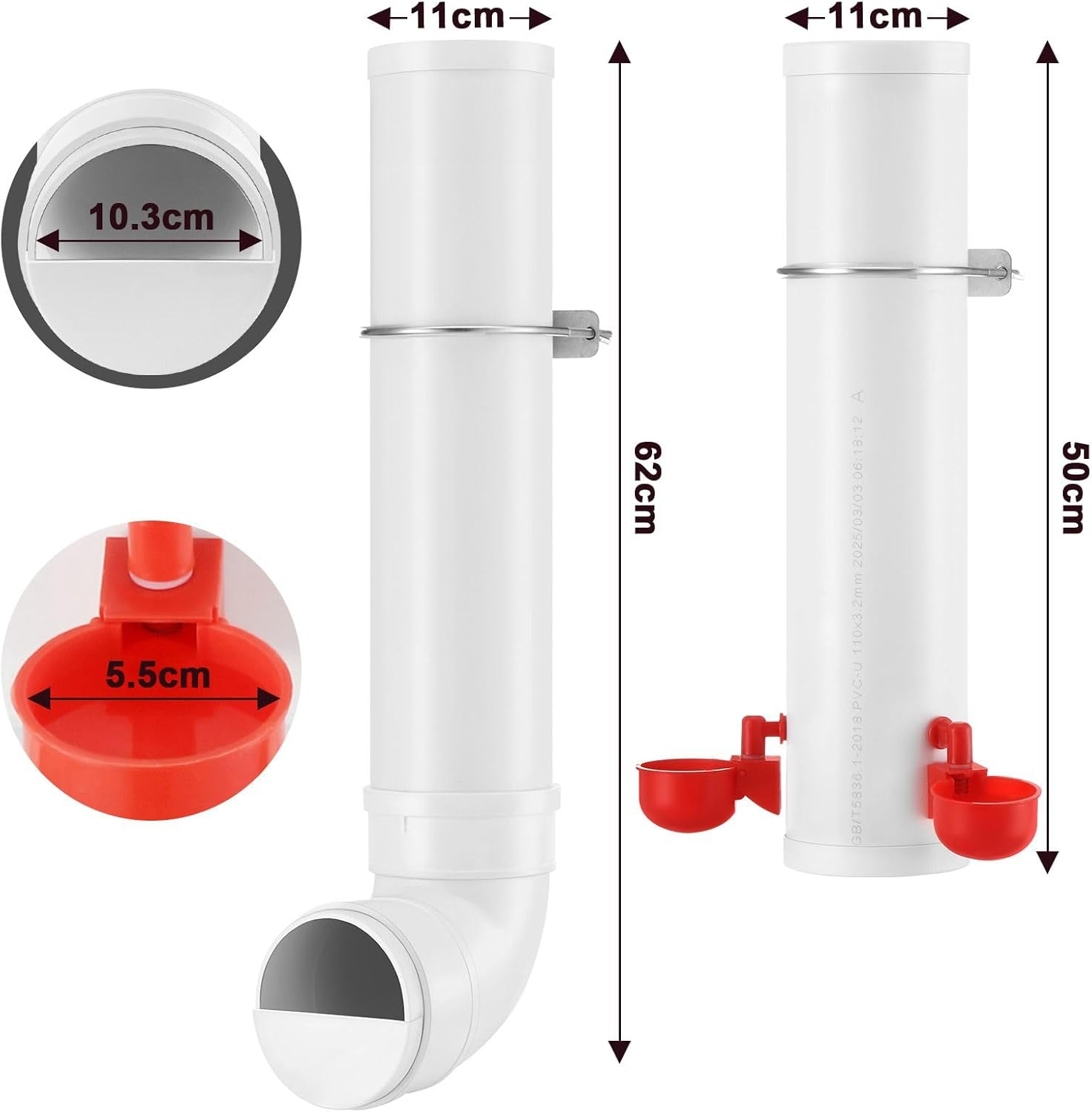 Pet Scene 4L Chicken Feeder Water Set Dispenser Automatic Waterer Poultry Food Drinker Auto Chick Chook Duck Hen Feeding Drinking Cup Bowl PVC Pipe Coop Fence