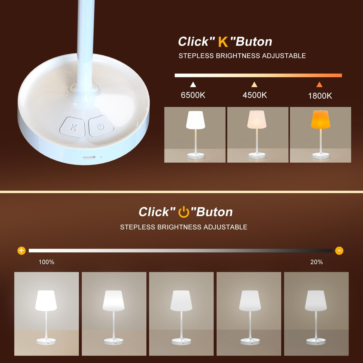 Waterproof Lampshade Portable Shower Lamp with 3 Colors&5 Brightness,Rechargeable Mechanical Button Dimmable Bedside Table Lamp,Cordless Table Lamp Suitable for Bedroom,Kitchen,Camping,Outdoor(White) image number 2