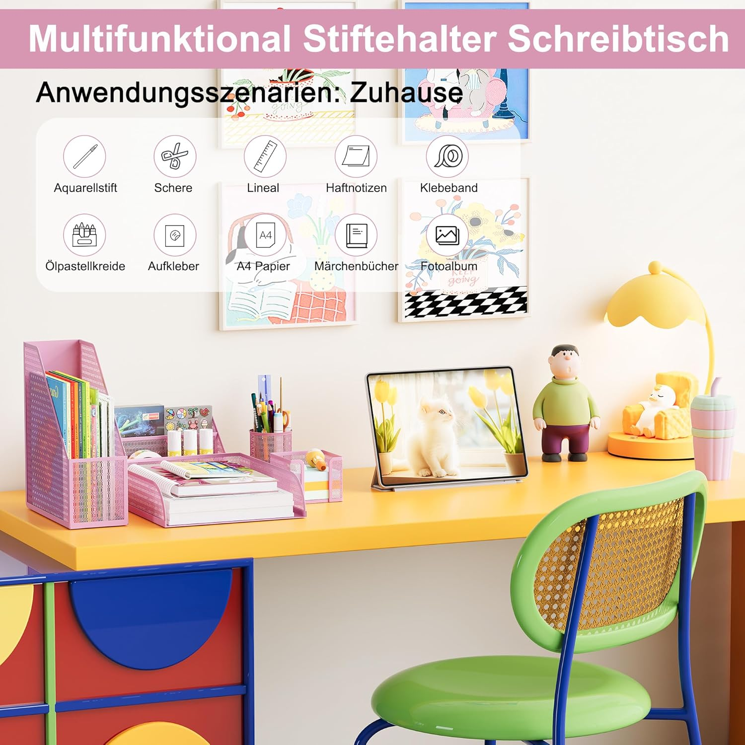 Solinxe Desk Organiser Set Made of Metal - Document Tray A4 Paper Letter Tray Pen Holder Letter Holder and Sticky Note Holder, Pink image number 4