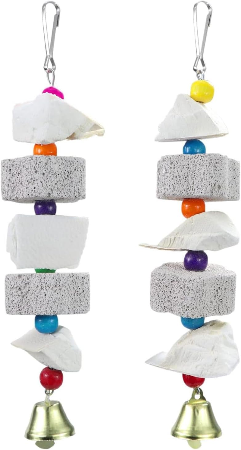 2Pcs Bird Beak Trim Cuttlebone Calcium Stone Lava Block Chew Toy Grinding Teeth Natural Minerals with Bell for Parakeet Conure Lovebird Cockatiel Finch Canary Hamster Chinchilla Rabbit image number 2