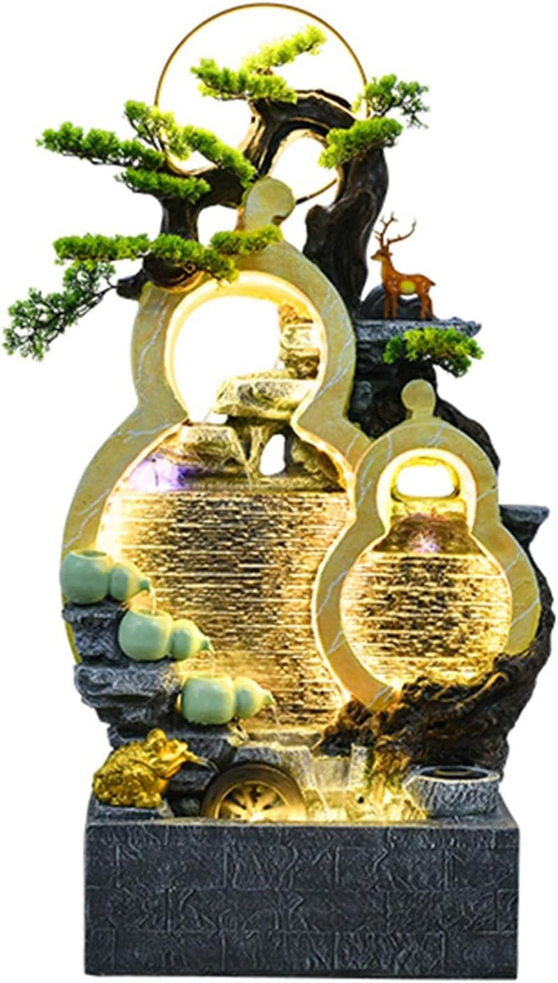 Outdoor Fountain Floor Standing Gourd Water Fountain, Indoor Freestanding with Mist, LED Lights and Simulated Greenery, Feng Shui Office Home Decor for Good Luck Wealth(Black)