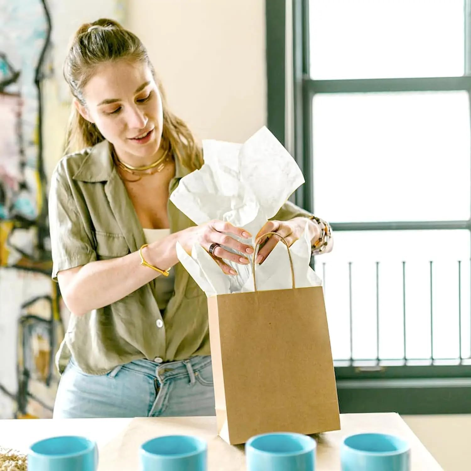 ZCOINS 100 Sheets 20" X 14" White Tissue Paper Wrapping Bulk for Filling Gift Bags Boxes, Wrapping Clothing Gifts, White Tissue Paper Sheets for Retail Presents Wedding Christmas Birthday Bridal Party DIY Crafts - 60 Sheets - Green Eucalyptus image number 2