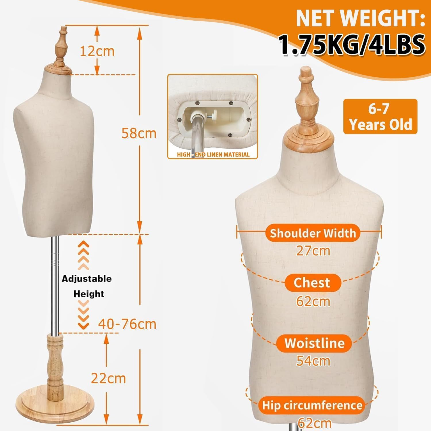LIODUX Kid Dress Form, Adjustable Child Mannequin with Wooden Base, Child Mannequin, Models Girl and Boy Display Kids Unisex Manikin for Sewing Dressmakers Jewelry Display (6-7 Years Old) image number 2