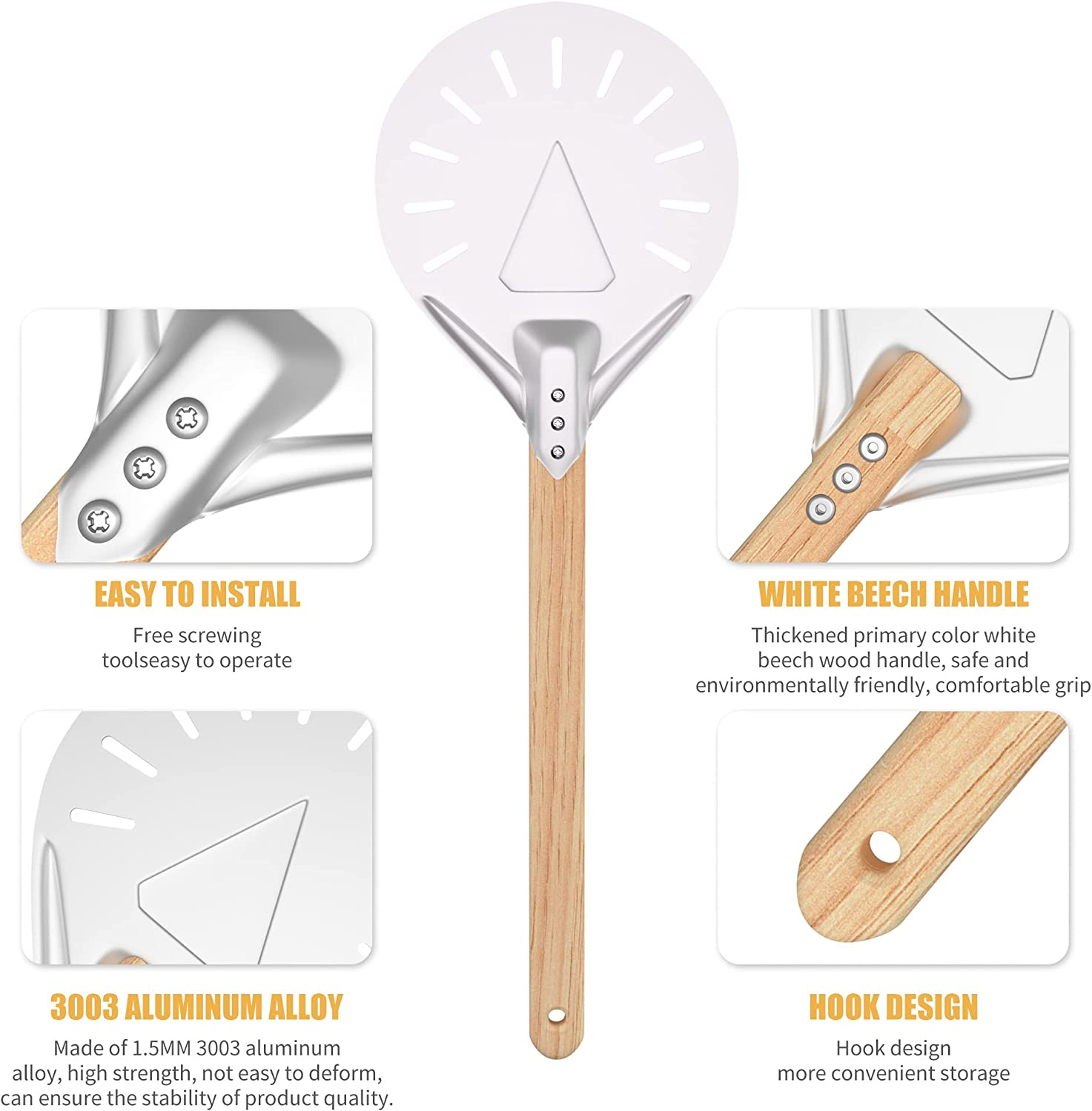 7 Inch Pizza Turning Peel,Professional Durable Pizza Peel Turner Non-Slip Aluminum Turning Paddle with 16 Inch Long Handle for Baking Homemade Pizza Bread (7 Inch, 40Cm Handle) - 7 Inch image number 6