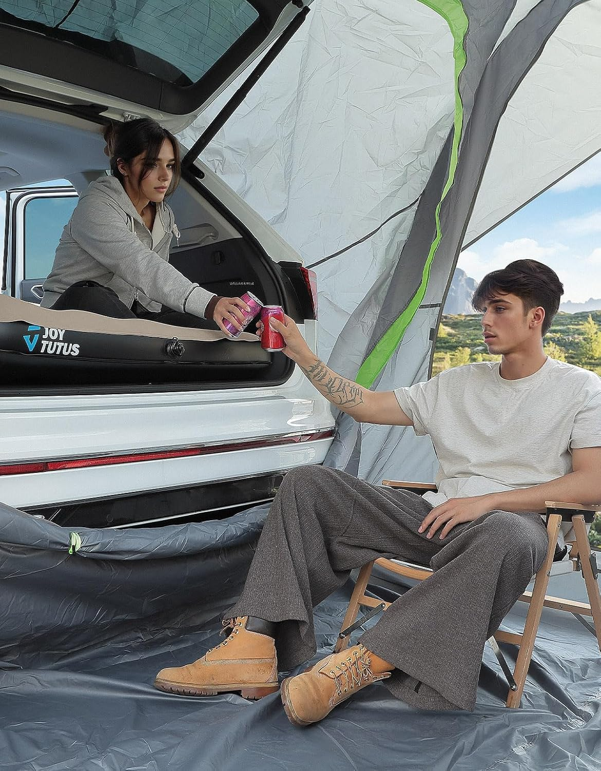 JOYTUTUS SUV Air Mattress Camping Bed,3.0 Thickened Flocking Car Camping Inflatable Mattress,Anti-Leakage,With 2 Pillows & Electric Pump Universal Car Bed for SUV Trunk and Rear Seat,Camel