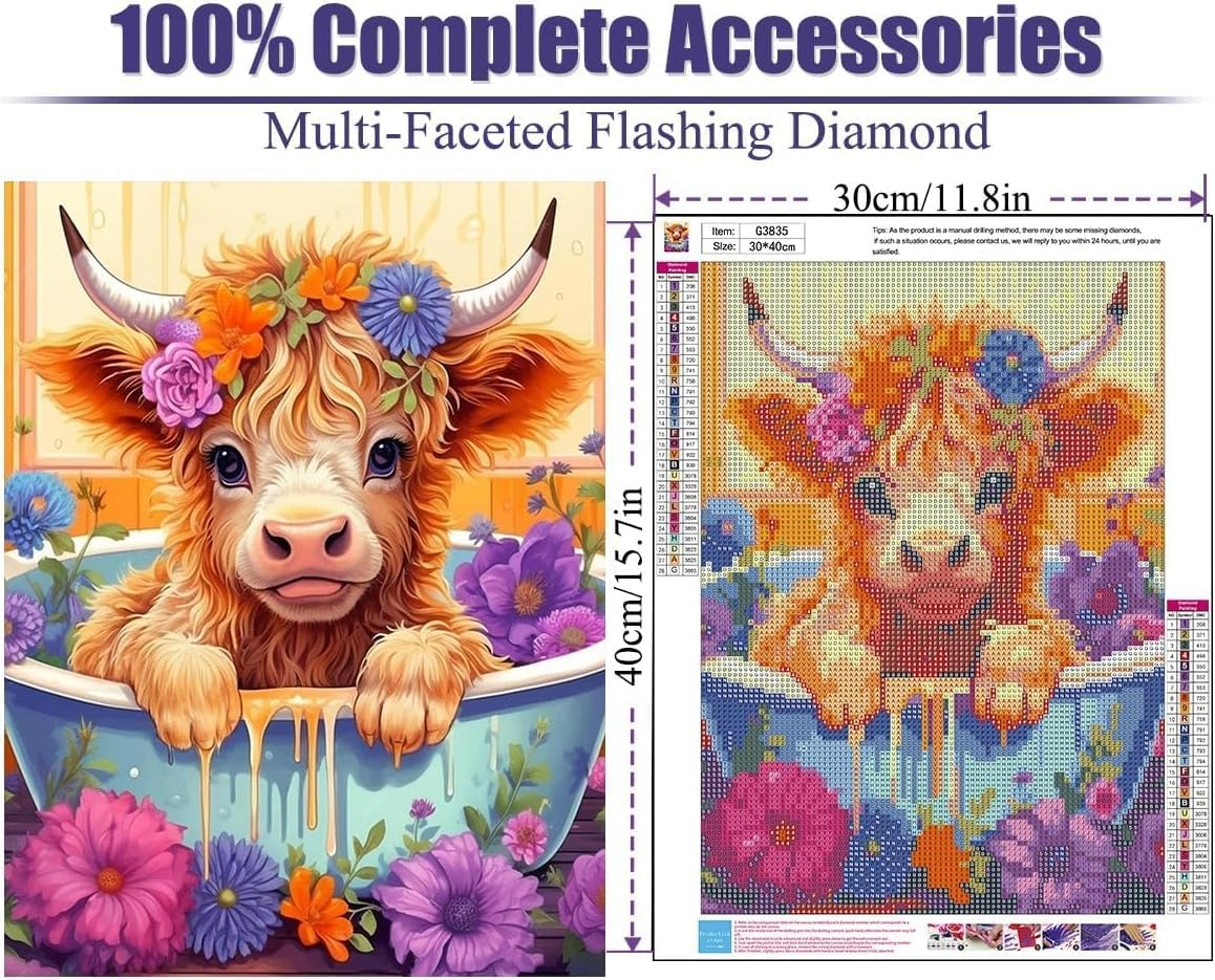 Diamond Painting Kits for Adults, Cow 5D DIY Diamond Art Kits Full Drill Diamond Dots for Gift Wall Decor and Relaxation Gem Arts 12X16 Inch image number 3