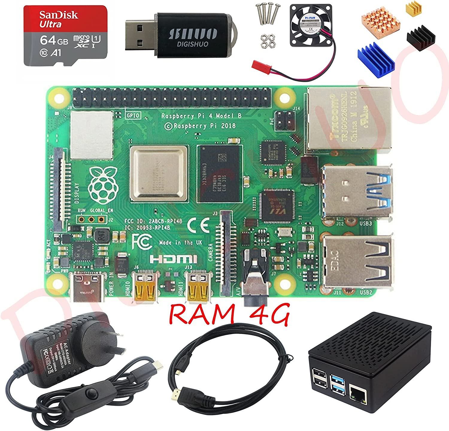 DIGISHUO Raspberry Pi 4B Model B 2/4/8GB RAM DIY Kit Case Fan SD Card Micro-Sd HDMI (4G Module 8 in 1 Kit) image number 5