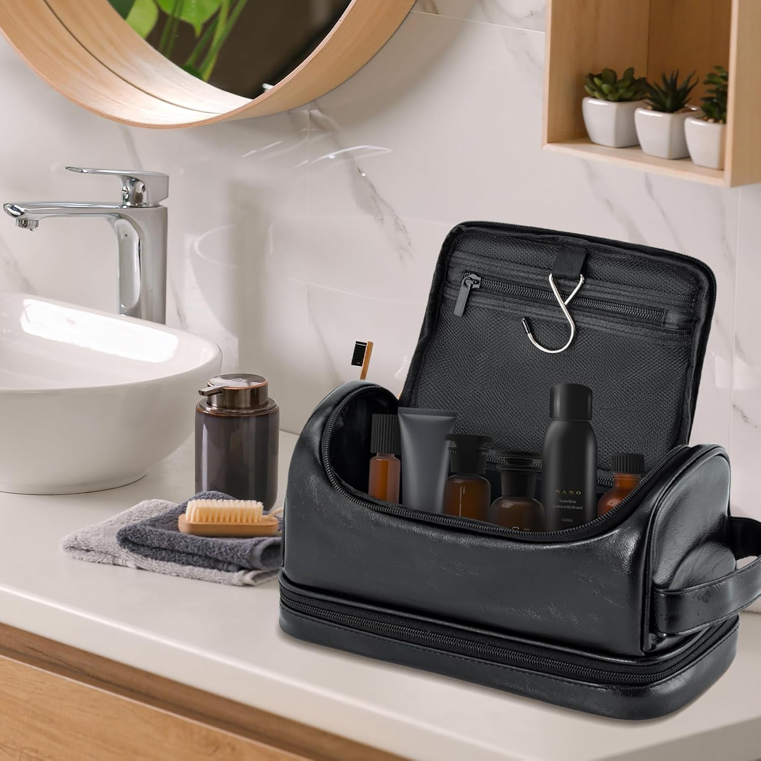 Aganmi Personalized Gifts Travel Toiletry Bag for Men Him, Laser-Engraved Initial PU Leather Waterproof Shaving Bag Christmas Birthday Gift for Men Dad Husband Boyfriend Groomsmen, Black M image number 4