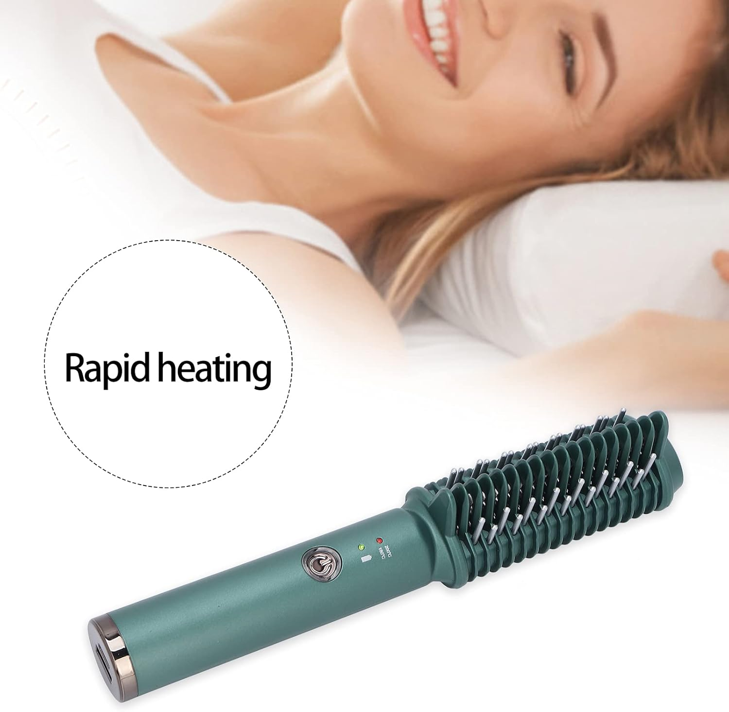 USB Hair Straightener Brush Comb Temperature Adjustable Hair Straightening Brush Wireless Portable Fast Heating for Travel Home Use Dark Green image number 6