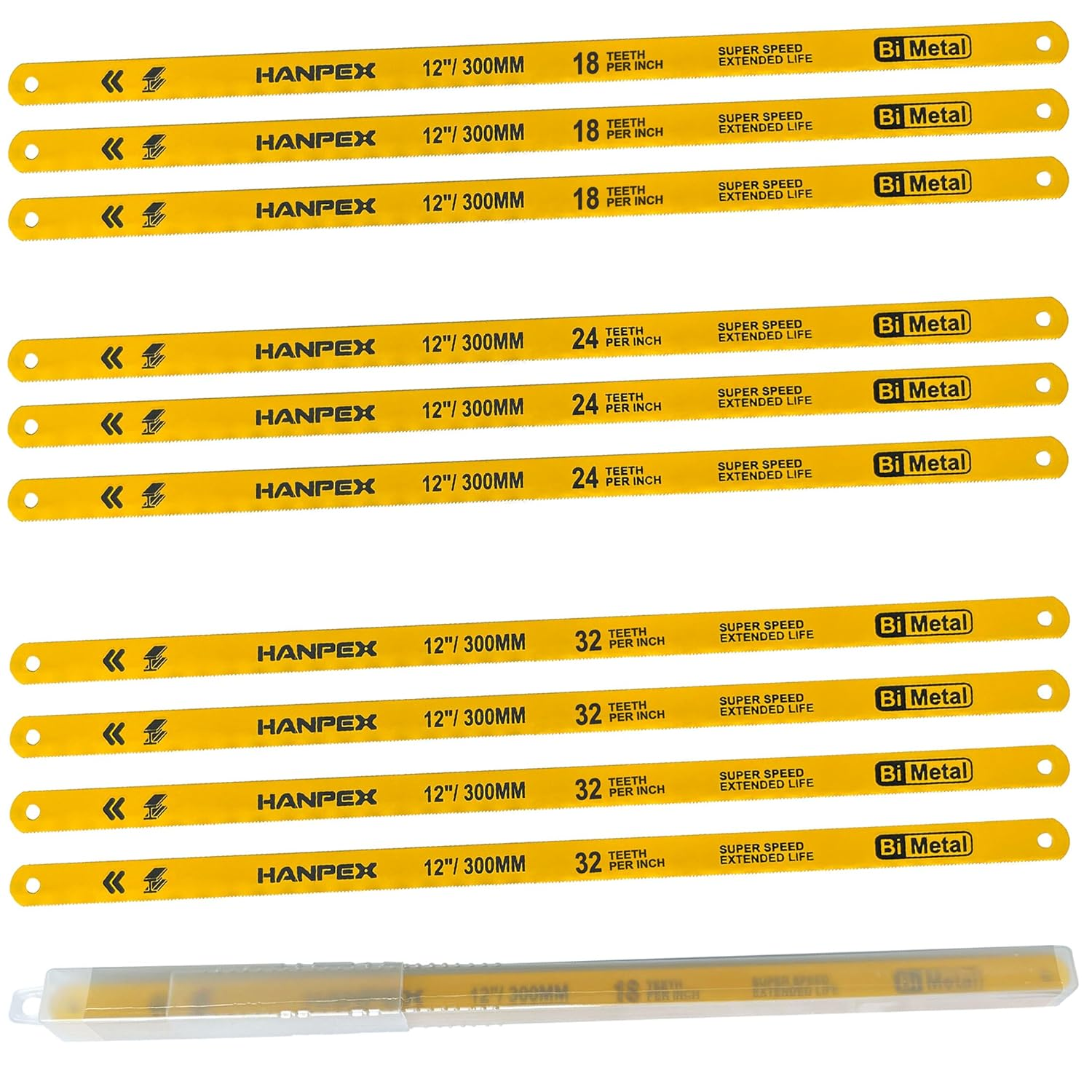 Hanpex Hacksaw Replacement Blade Sets (10 Pack) High Speed 3Pc. 18TPI / 3Pc. 24TPI / 4Pc. 32TPI- 300Mm (12") Length Hack Saw Blade - Bi-Metal HSS Cutting Blades image number 1