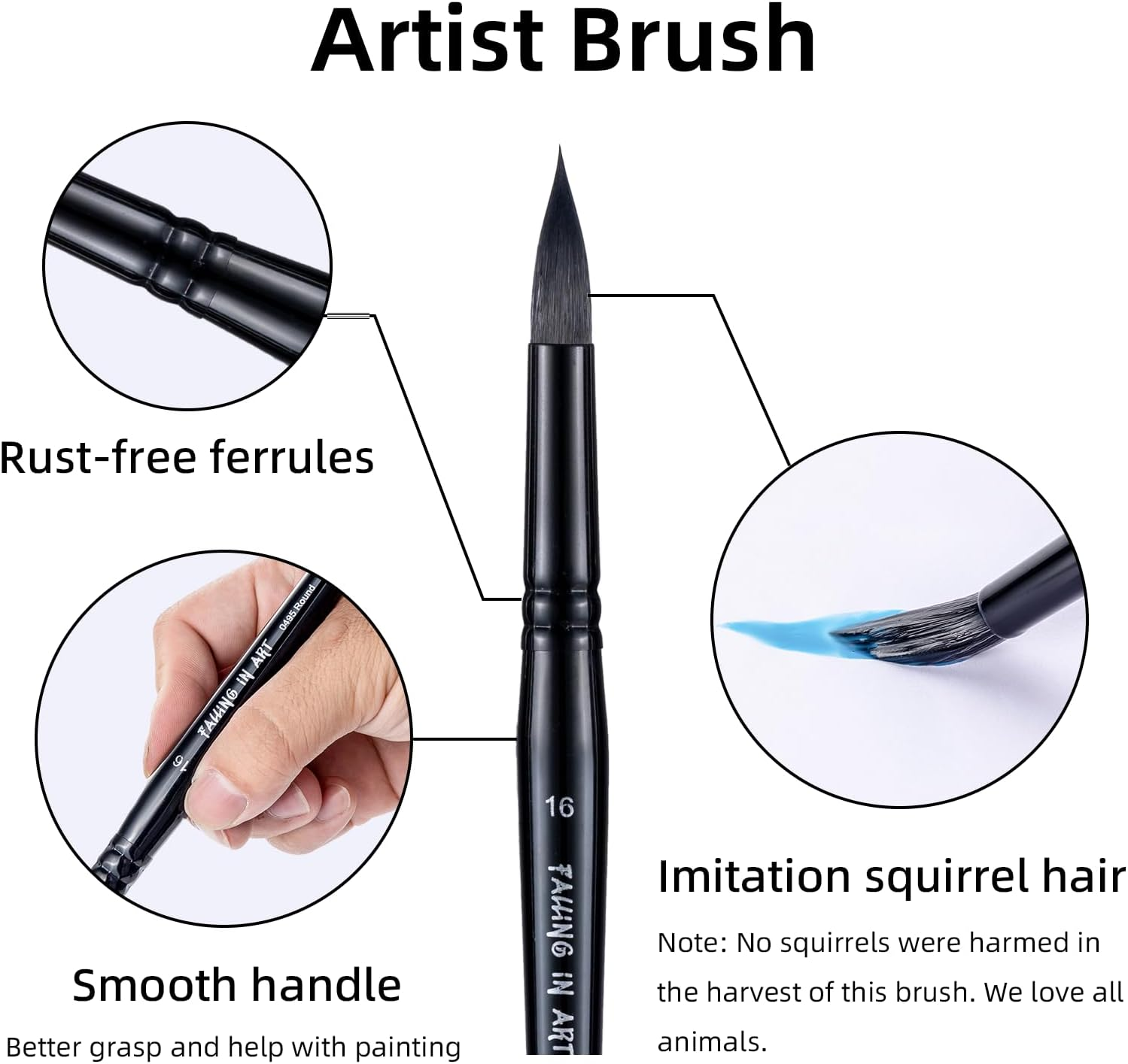 Falling in Art Professional Paint Brush Set, round Pointed Paintbrush Set, Wooden Handle Squirrel Hair Artist Brushes for Watercolor Painting(Black Handle) 8 Pcs
