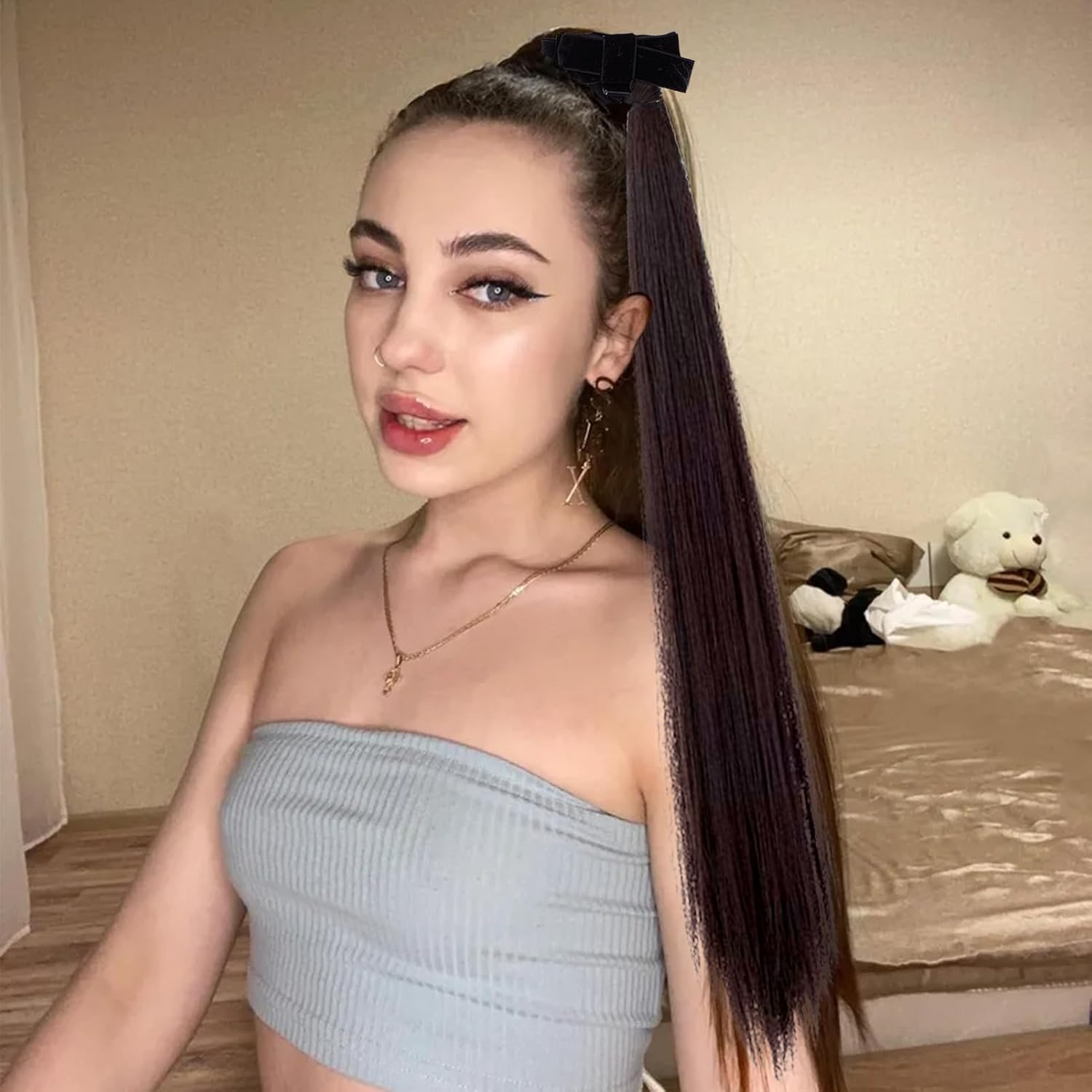 NICENEEDED 16.9 Inch Ponytail Extension with Grappling Clip Brownish Black Straight Hair Extensions Ponytail Hairpieces for Women Everyday Use image number 2