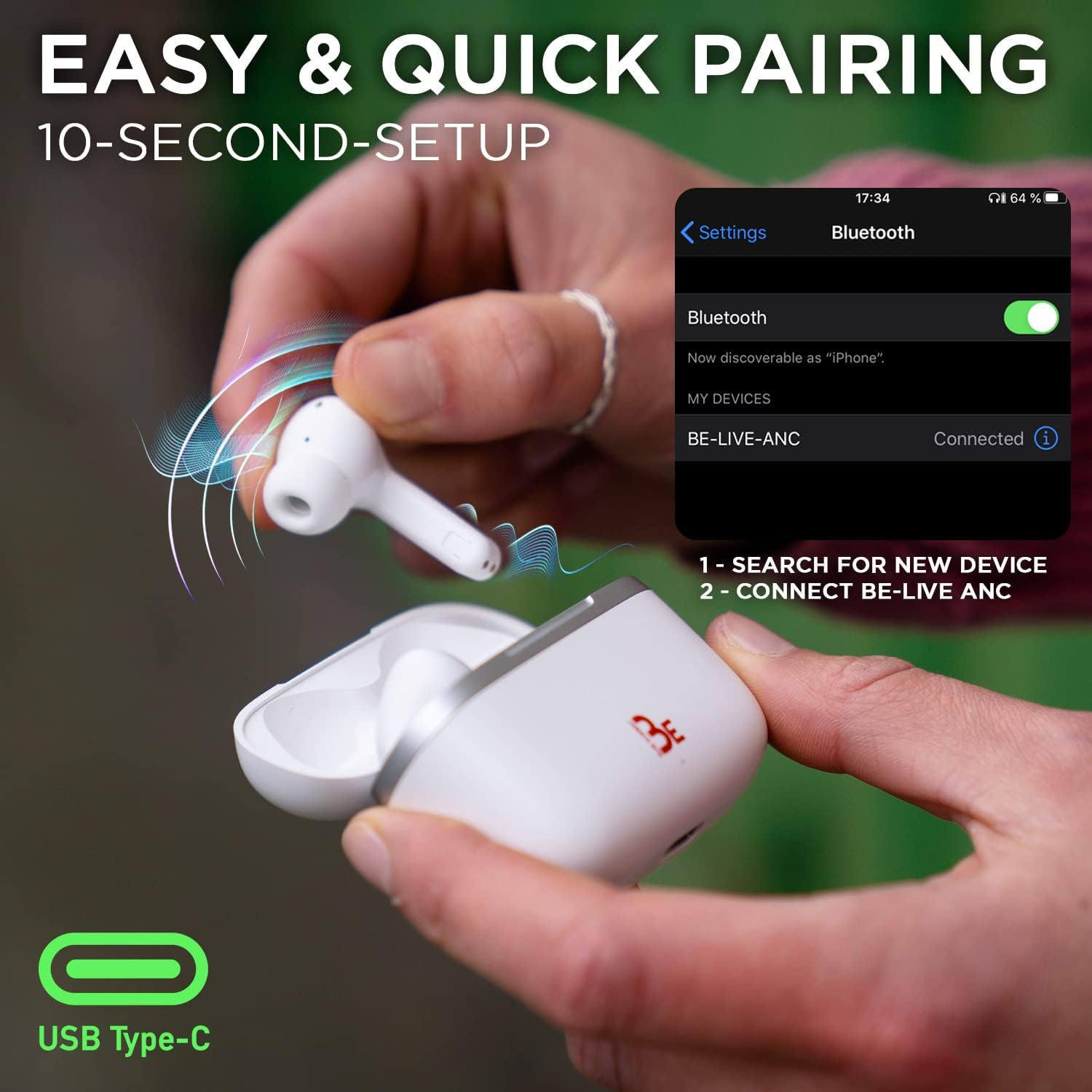 Blueelement Live ANC 5.1 Wireless BT Headset with Active (ANC), 4 Built-In 16 Hours Battery Life, USB-C Fast Charging Case for Ios/Android - BE-LIVE-2-ANC-WHITE Standard image number 3