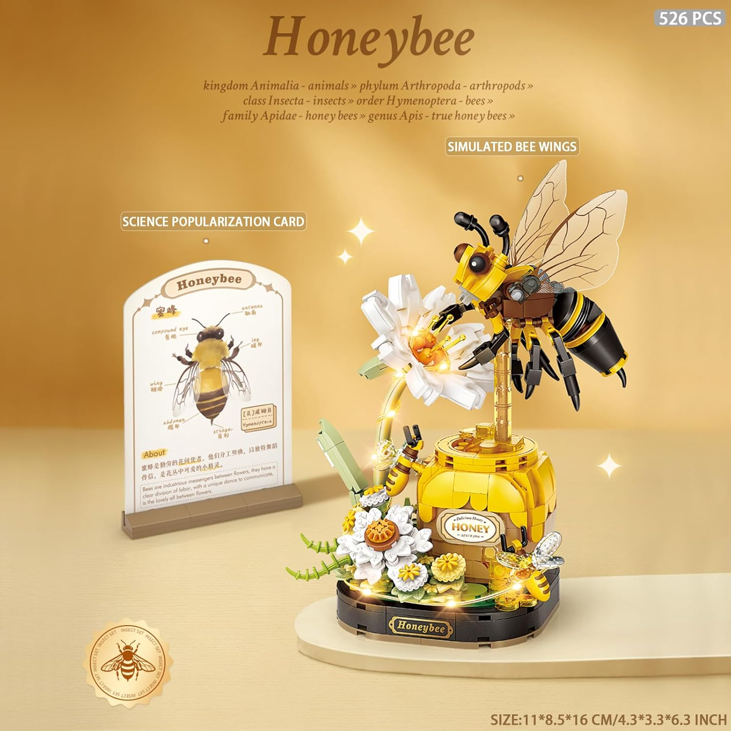 MEIEST Insect Flower Building Blocks Set,Colorful Construction Building Bricks Toy with a Science Popularization Card,Creative Home Decoration (Honeybee) image number 6