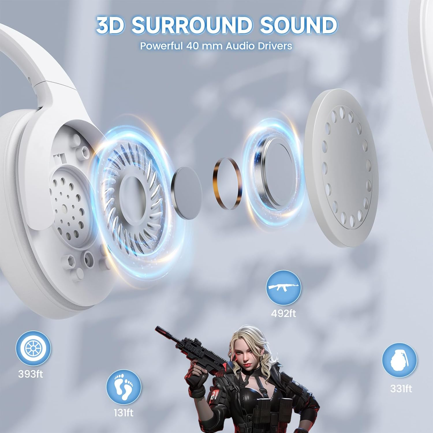 X Attack Shark G300 Wireless Active Noise Cancelling Headset, Bluetooth 5.3 Deep Bass HD Stereo Sound over Ear, 20H Playtime, Built-In Mic Lightweight Design 3.5Mm Gaming Headset(White) image number 3