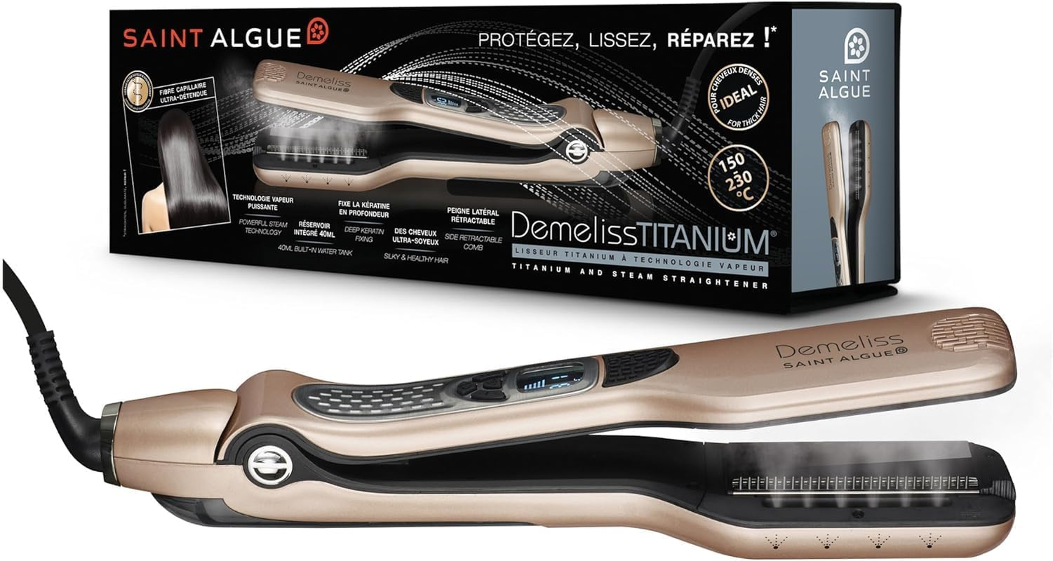 SAINT ALGUE Demeliss Titanium - Professional Titanium Wide Straightener with Steam Technology, for All Hair Types, Temperature from 150 &deg; to 230 &deg;, 40 Ml Water Tank - Gold/Black image number 5