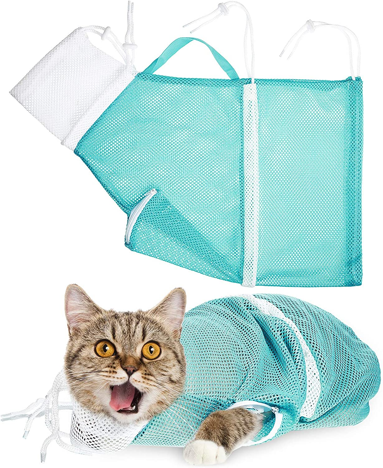 Cat Shower Net Bag Grooming Bathing Adjustable Washing Bag Multifunctional Cat Restraint Accessories Prevent Biting Scratching, Nail Trimming, Ears Clean, Keeping Calm(Pink)