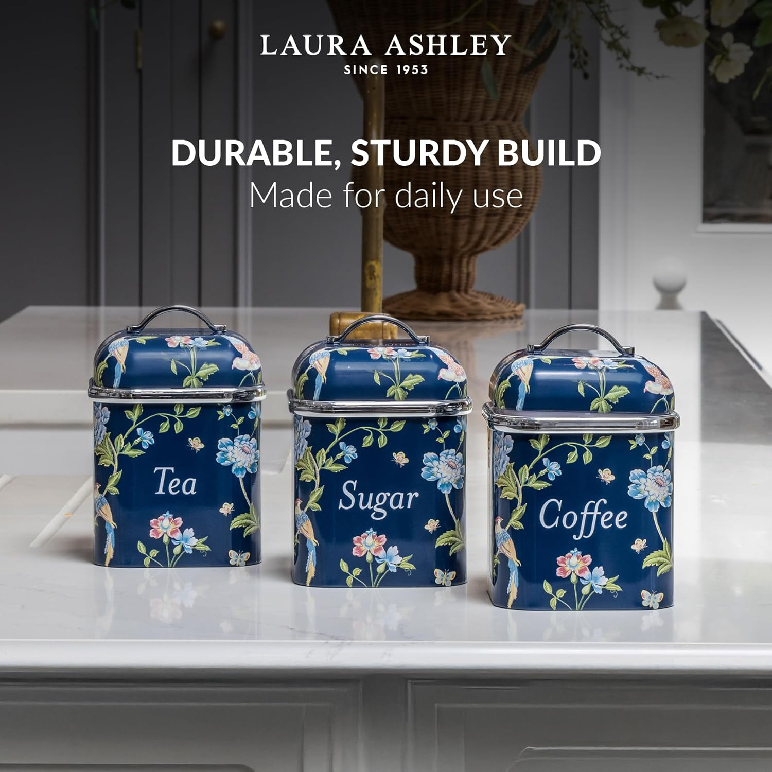 Laura Ashley Tea Coffee Sugar Canisters Set of 3 by VQ - Easy to Clean Stainless Steel Containers with Lid - Stylish Printed Kitchen Storage & Organisation Containers - Elveden Navy image number 1