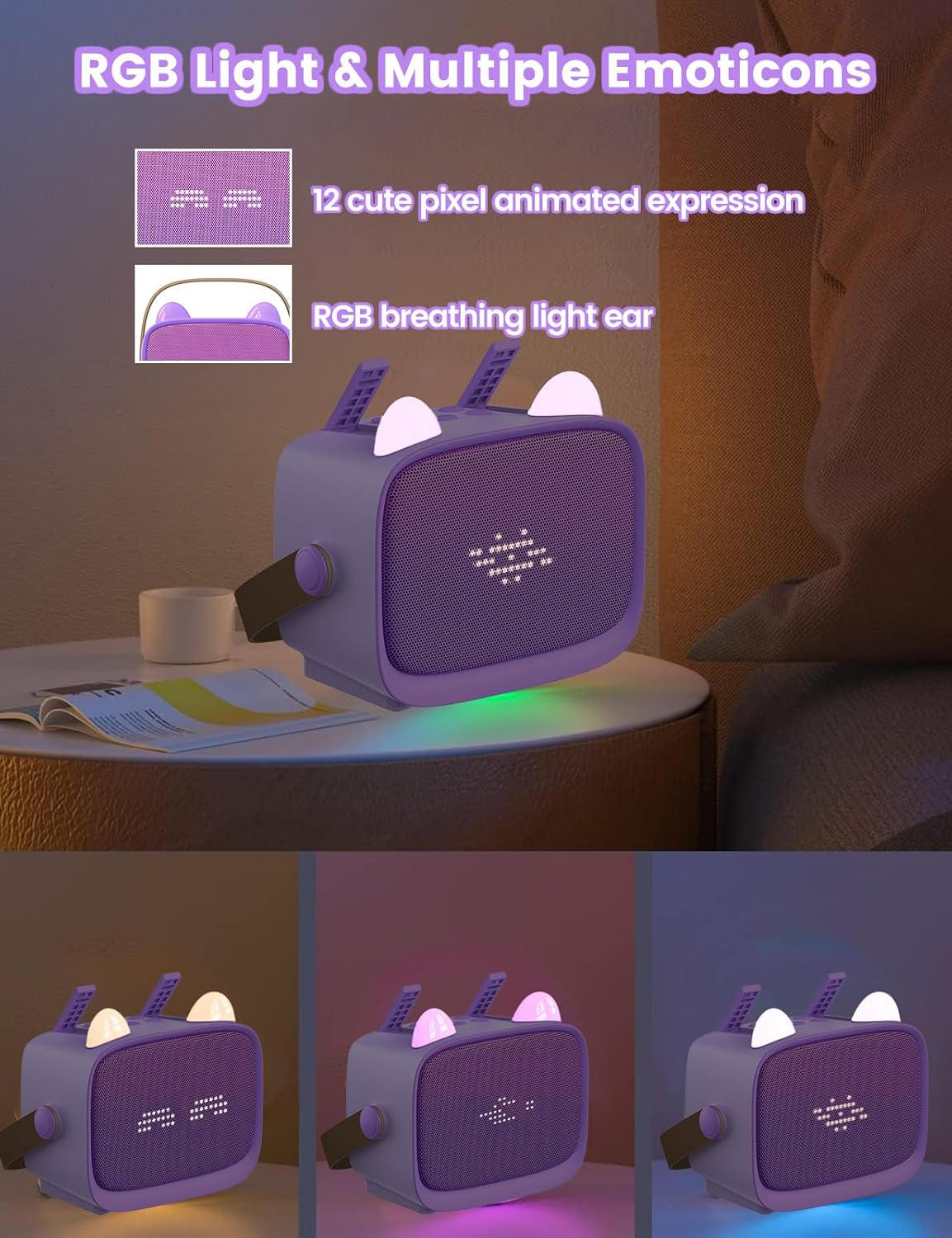 ZONEY Mini Karaoke Machine for Kids, Portable Bluetooth Karaoke Speaker with 2 Wilreless Microphones with LED Lights, Birthday Kids Toys Gifts for Girls Boys 4, 5, 6, 7, 8, 9, 10 +Year Old, Purple - Purple image number 2