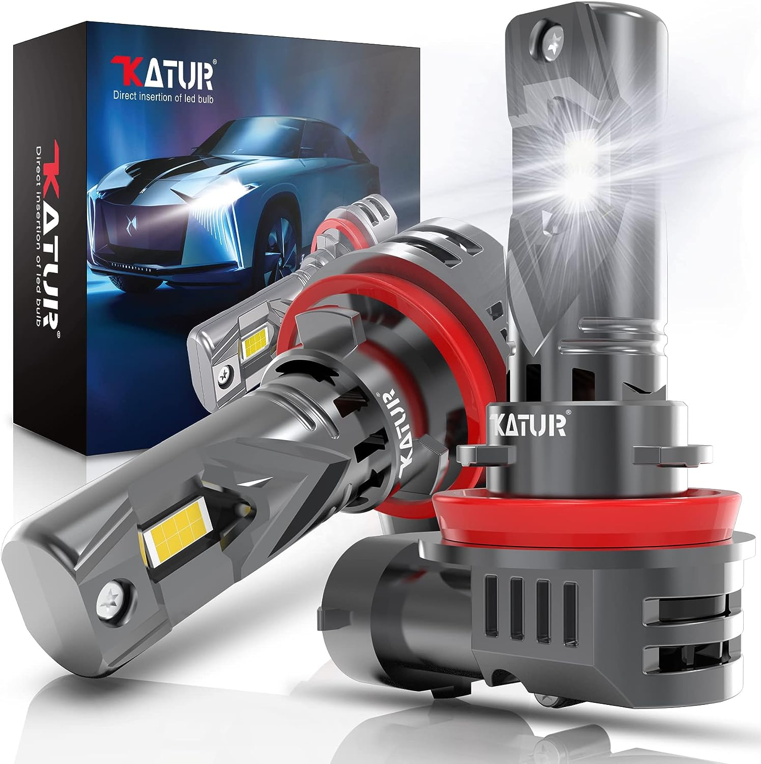 KATUR H11 LED Headlight Bulbs, 400% Brightness 20000LM 6000K Xenon White 1:1 Mini Size All-In-One Conversion Kit Non-Polarity No Adapter Required Plug and Play H9 H8 LED Fog Light Bulb, Pack of 2