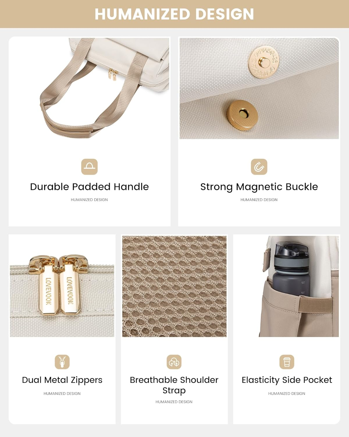 LOVEVOOK Backpack Womens, 15.6 Inch Laptop Rucksack Bag for Ladies, Waterproof Daypacks for Office Teacher Nurse, Fashion School Bags with USB Port for Work University Travel Business - Beige  Khaki image number 3