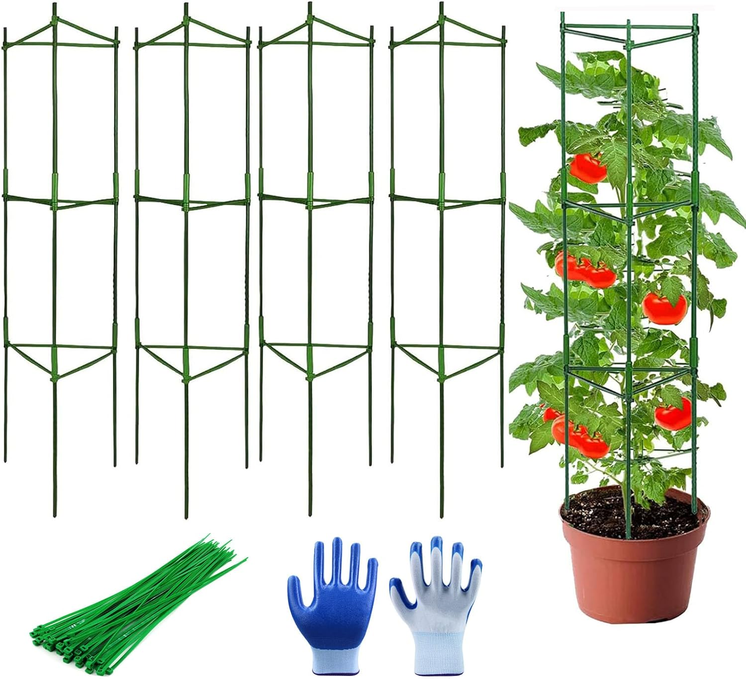 Tomato Cage,Garden Trellis,4 Pack Plant Stakes with 100 Plants Ties and Gardening Gloves,Plant Trellis for Climbing Vegetables Plants Flowers(48 Inches) image number 2