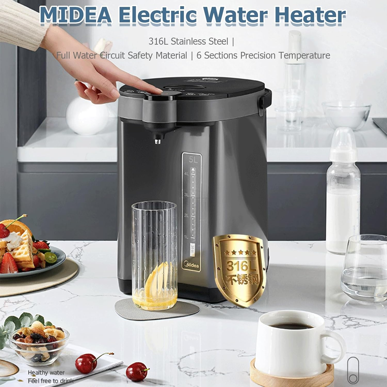 MIDEA Hot Water Dispenser, 5L 316 Stainless Electric Hot Water Dispenser W/Digital Display & Child Lock, Adjustable 6 Temperatures Water Boiler and Warmer for Tea, Coffee and Baby Formula, 1600W image number 6