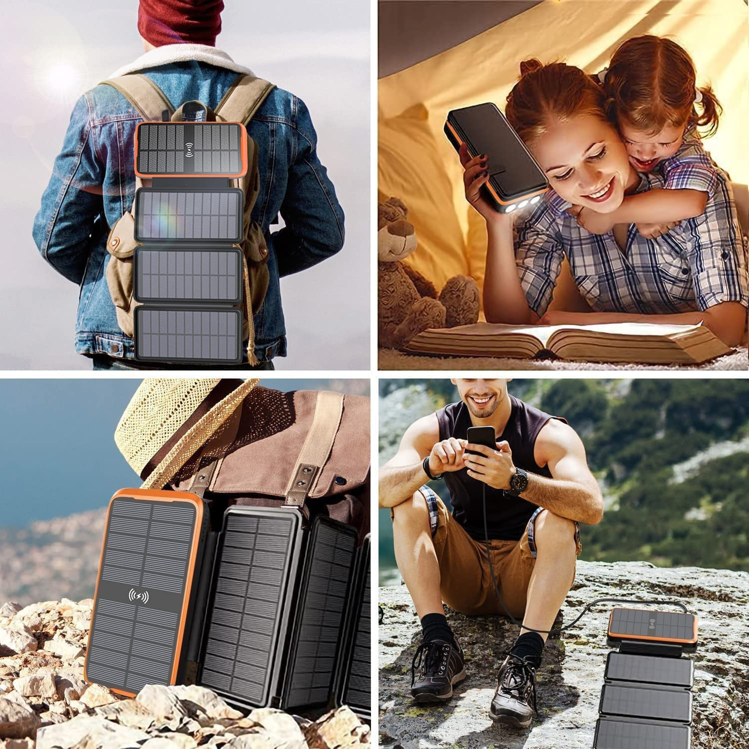 2025 Upgraded Solar Power Bank, 26800Mah with 4X Foldable Solar Panels Built-In 2 Output & 1 Input Cables PD 20W QC3.0 18W Fast Charging and Qi 10W Wireless Charging 6W Solar Charging Portable Charger image number 1