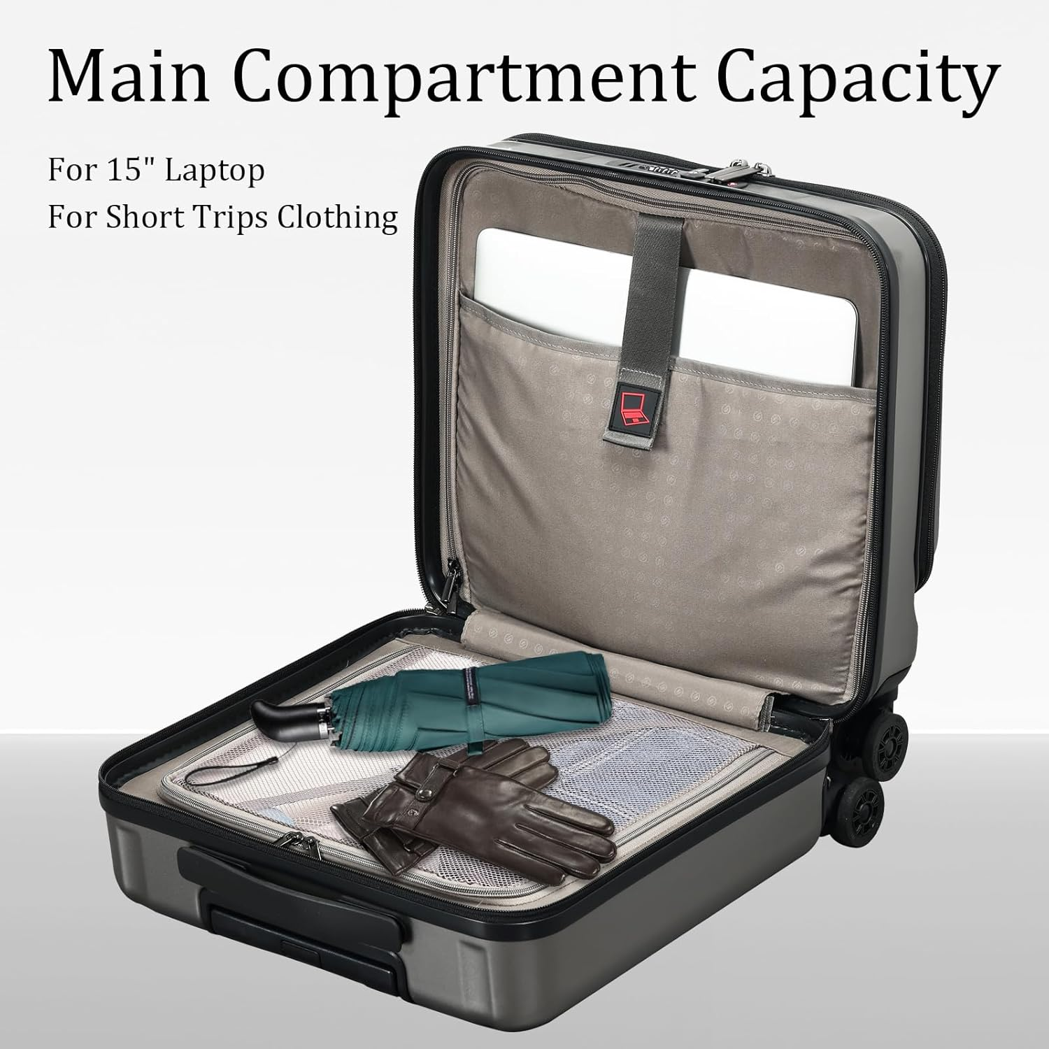 16 Inch Carry on Luggage with 2 Compartments for 14&rdquo; & 15&rdquo; Laptop, 16.14 * 8 * 17.12&rdquo; Rolling Briefcase, Lightweight Hardshell ABS+PC Suitcase with Spinner Silent Wheels, for Business Trip, Dark Gray image number 6