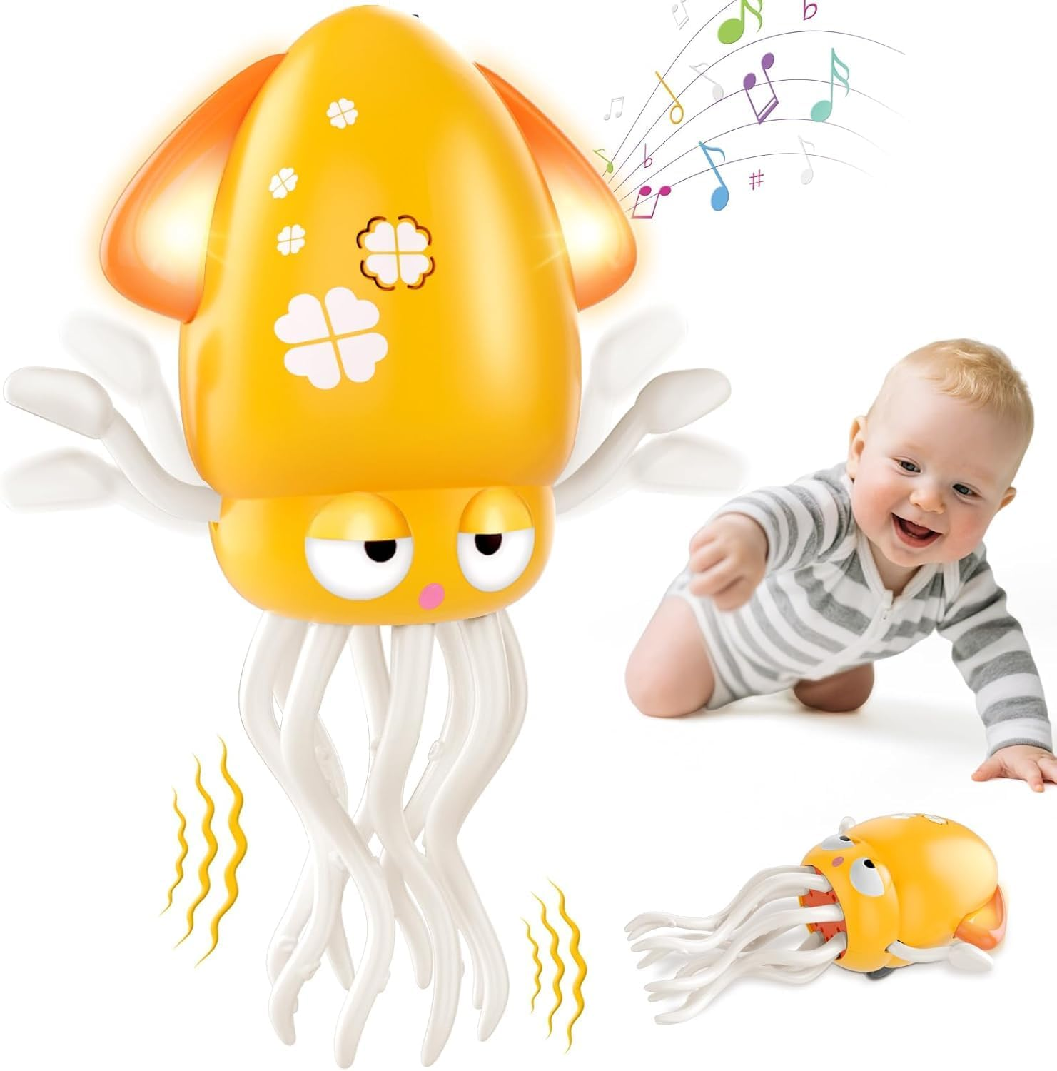 Dancing Octopus Baby Toy, Electric Crawling Octopus Tummy Time Toy, Rechargeable Magic Dancing Music Squid for Kids Boy Girl Birthday Gifts, Funny Squid for Office Desk Decor (Yellow)
