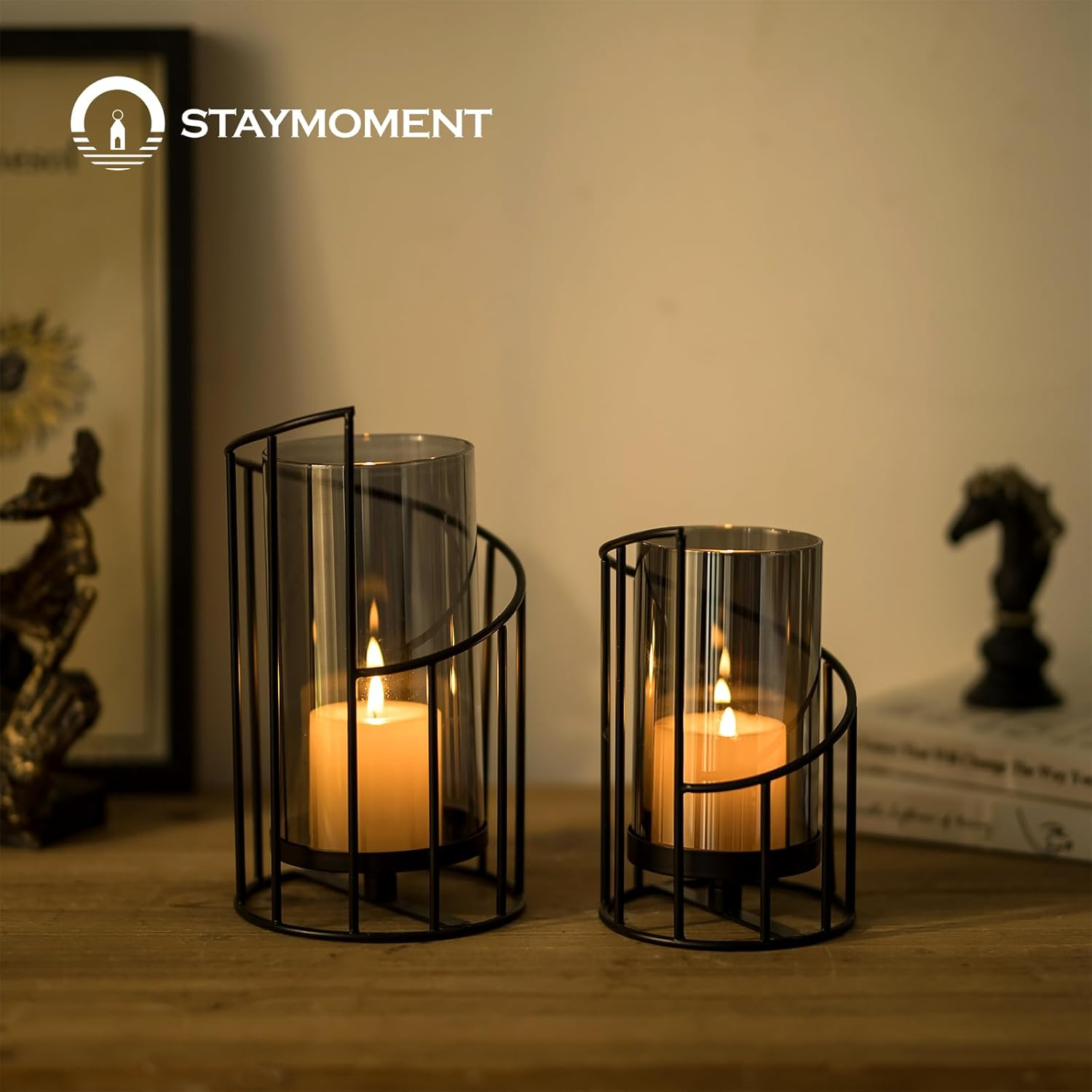 Staymoment Lantern Black Decorative Modern: Set of 2 Candle Holders Metal Lantern Outdoor Candle Holder Table Decoration Living Room Bathroom Garden Lanterns Outdoor and Indoor for Pillar Candle - Black image number 6