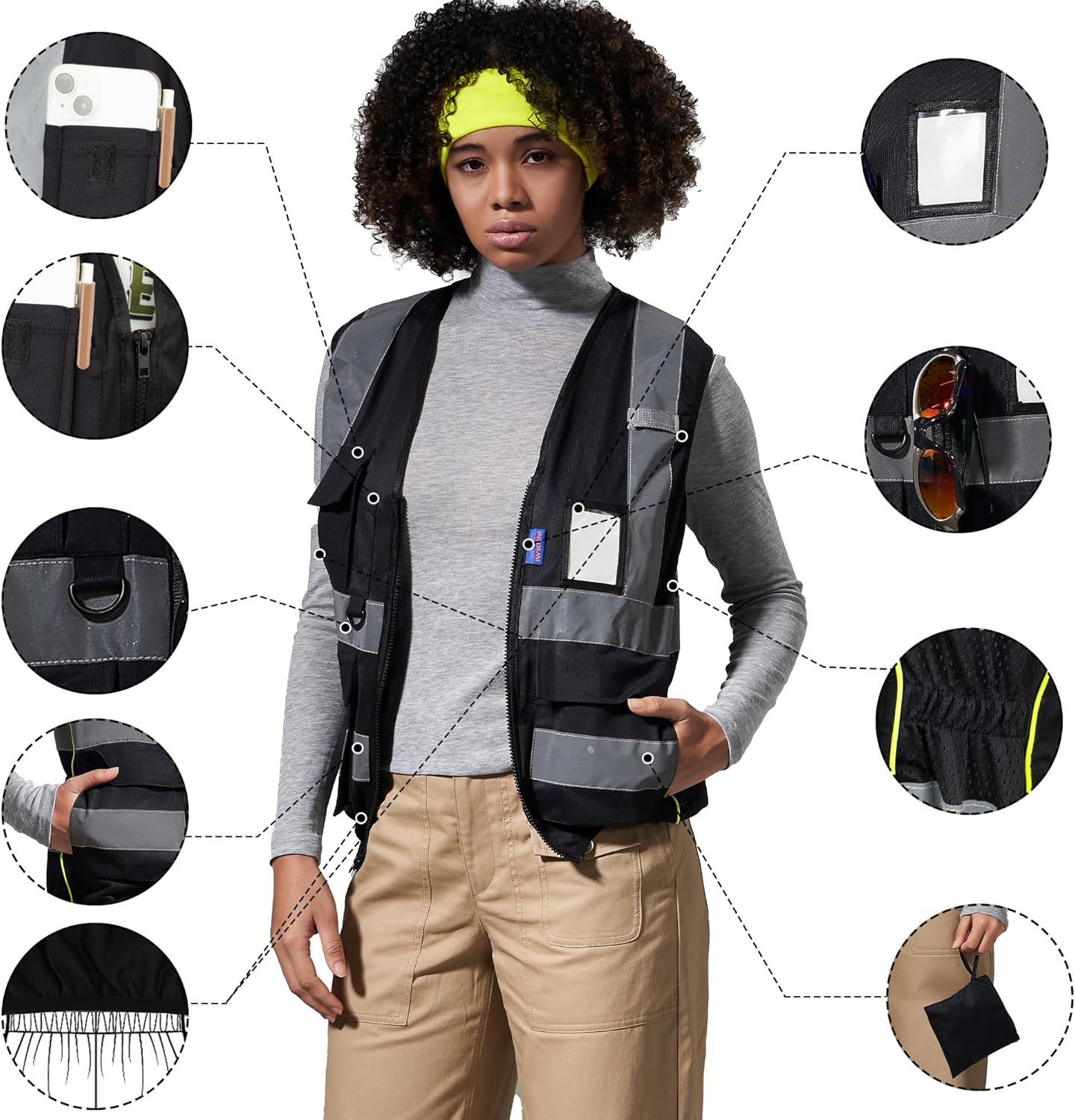 AYKRM Work Vest High Visibility Vest Women'S Safety Vest Running Vest with Zip and Pockets image number 3