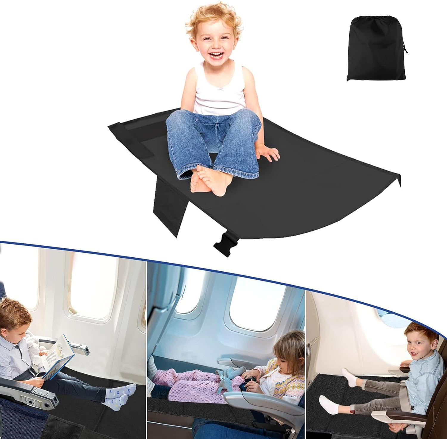 Wzenclave Black Toddler Bed, 30.31 * 17.3In (77 * 44Cm) Airplane Seat Extender Foot Hammock Portable Essential Item for Children'S Airplane Trav