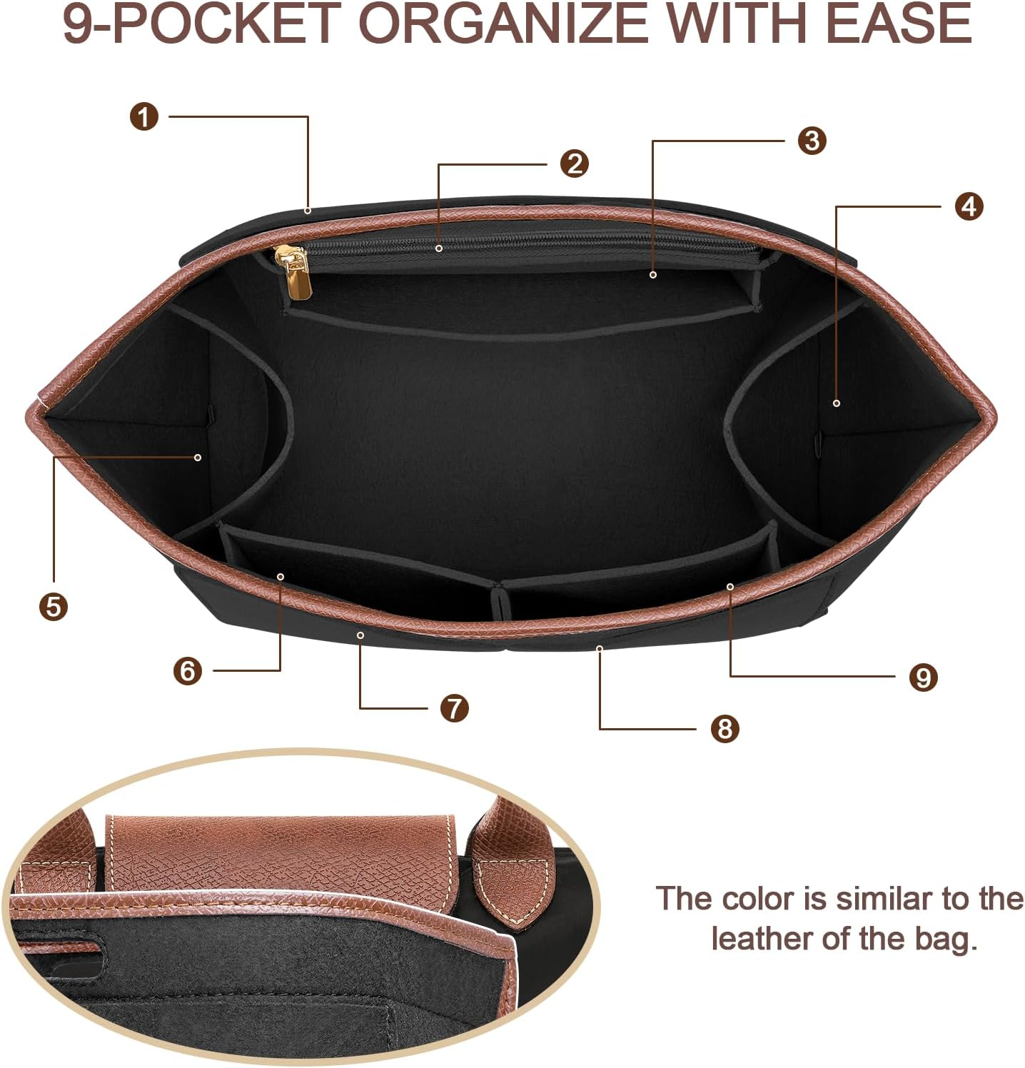 DOIAPUOS Felt Purse Organizer Insert for Longchamp Le Pliage M Bag Handbag Leather Edge Longchamp Organizer Insert (Black, Medium) image number 5