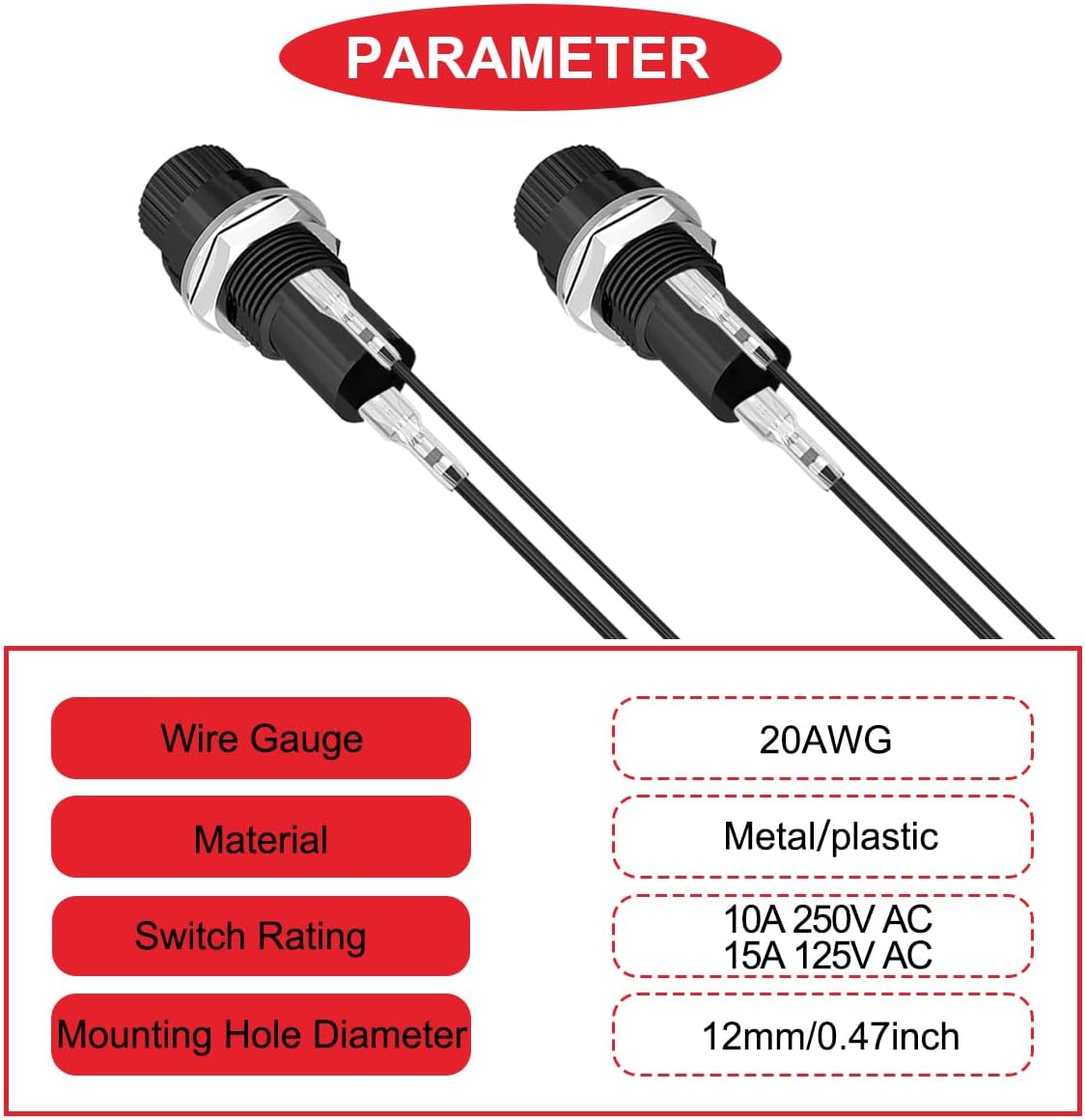 8Pcs Panel Mount Fuse Holder DC 12V AV250V Screw Cap Fuse Holder 5X20Mm with Pre-Soldering Wire and Fast Blow Glass Tube Fuse 10A X 8, 15A X 8 image number 4