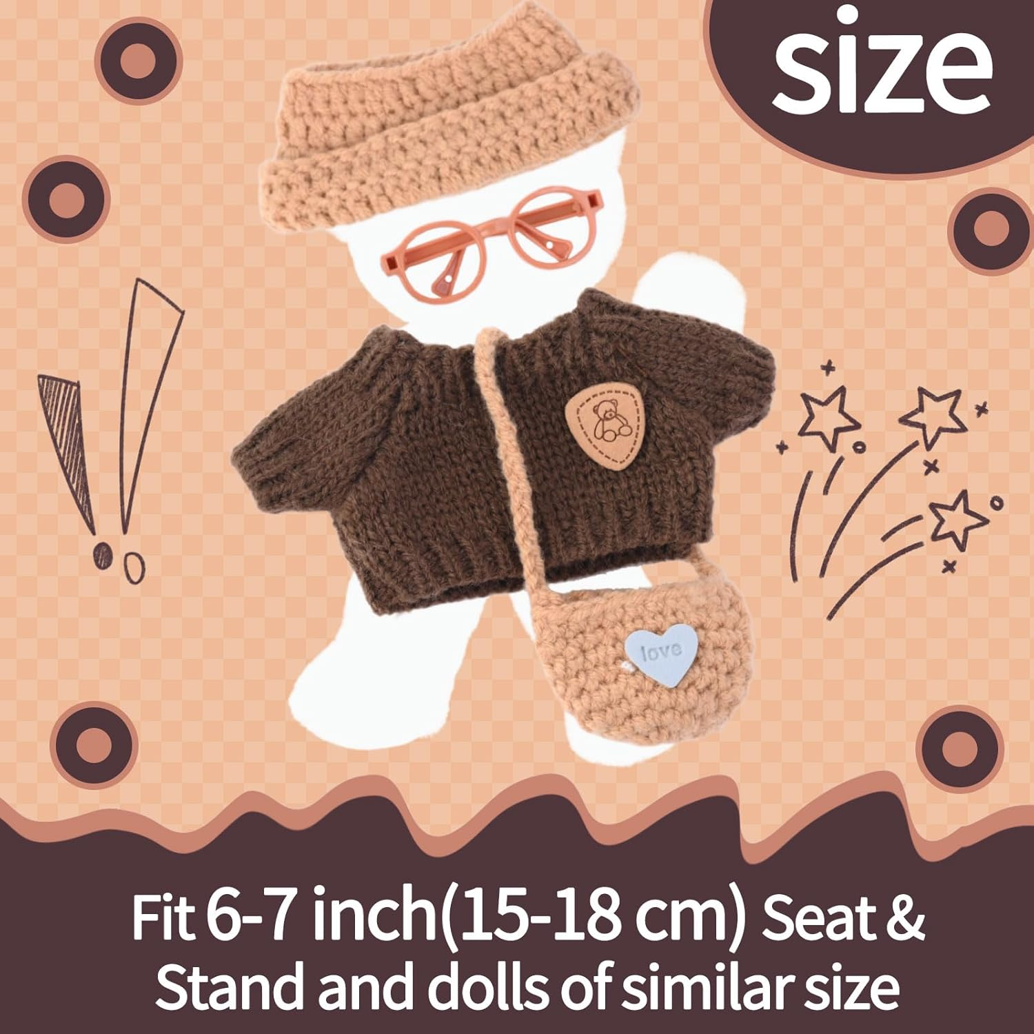 Clothes for Labubu(No Doll), Handcrafted Knit Mini Sweater Outfit and Glasses Compatible with 17Cm Plush Dolls image number 1